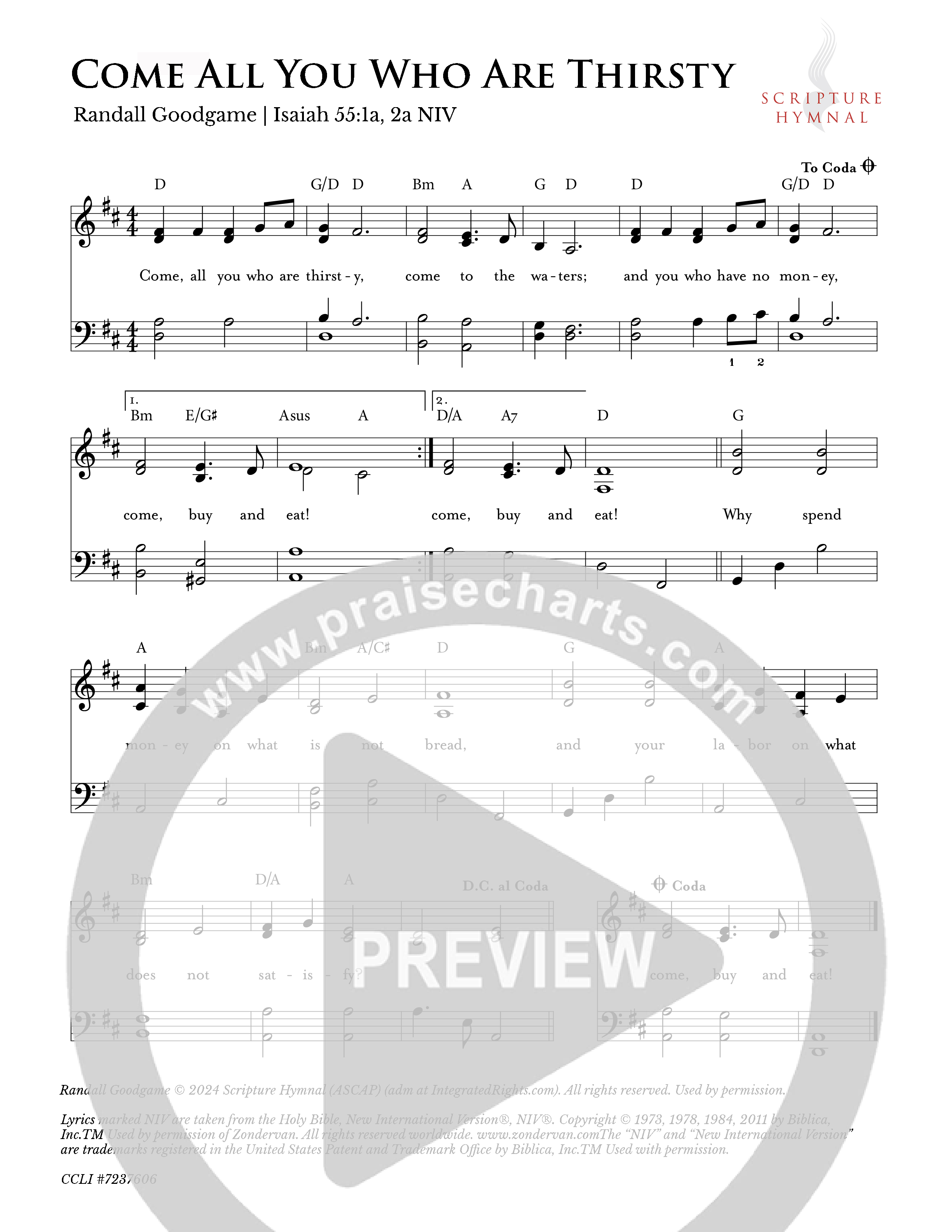 Come All Who Are Thirsty Lead Sheet Melody (Scripture Hymnal)