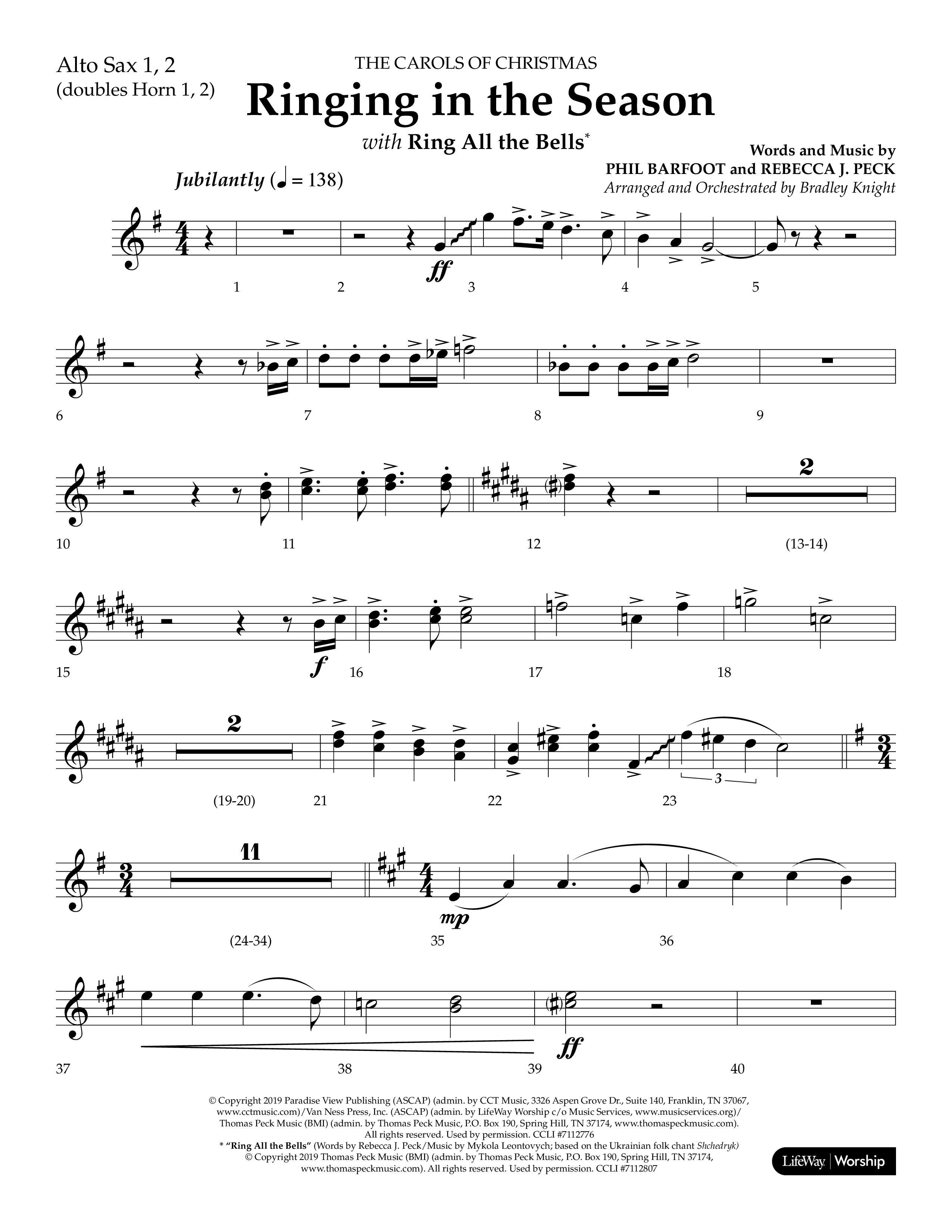 Ringing in the Season (with Ring All the Bells) (Choral Anthem SATB) Alto Sax 1/2 (Lifeway Choral / Arr. Bradley Knight)