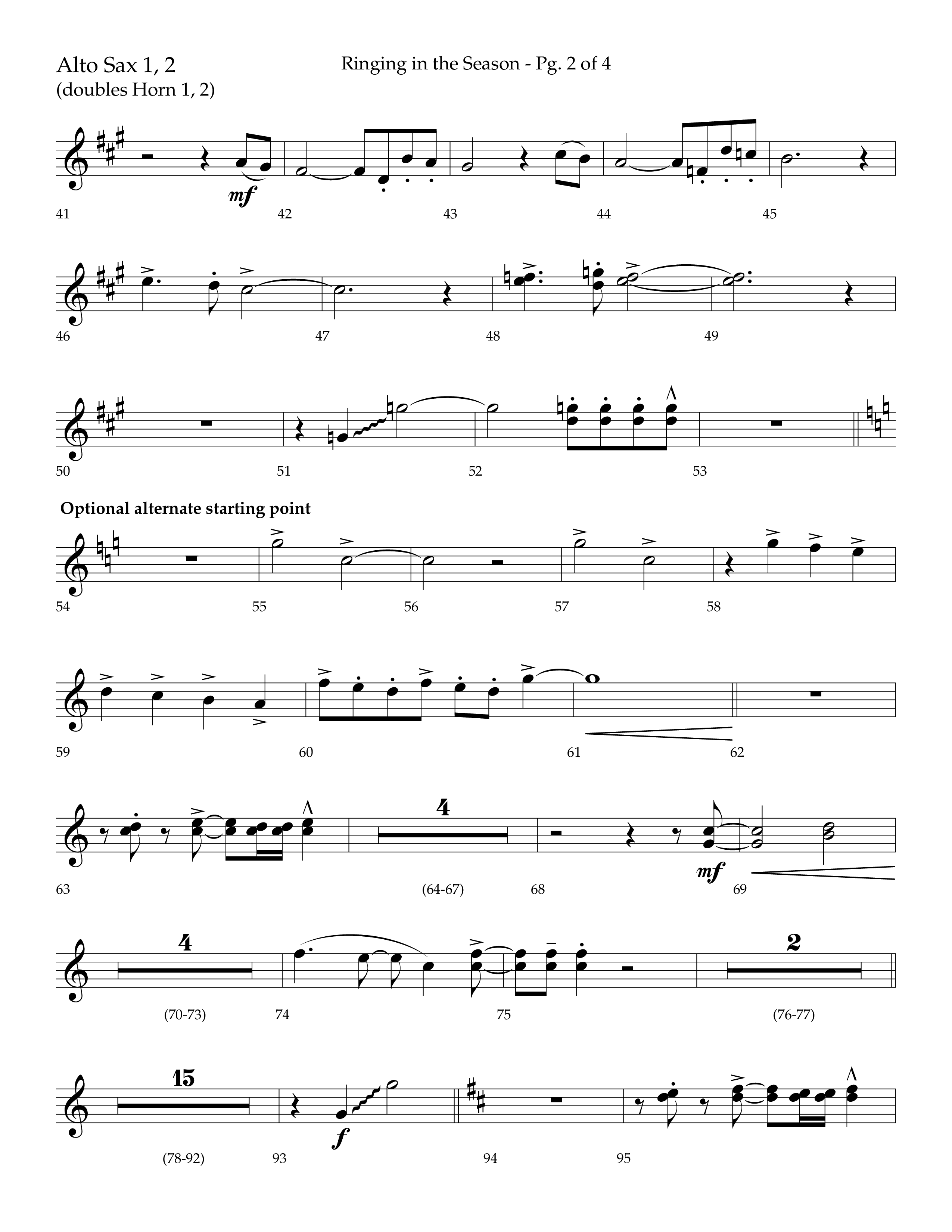 Ringing in the Season (with Ring All the Bells) (Choral Anthem SATB) Alto Sax 1/2 (Lifeway Choral / Arr. Bradley Knight)