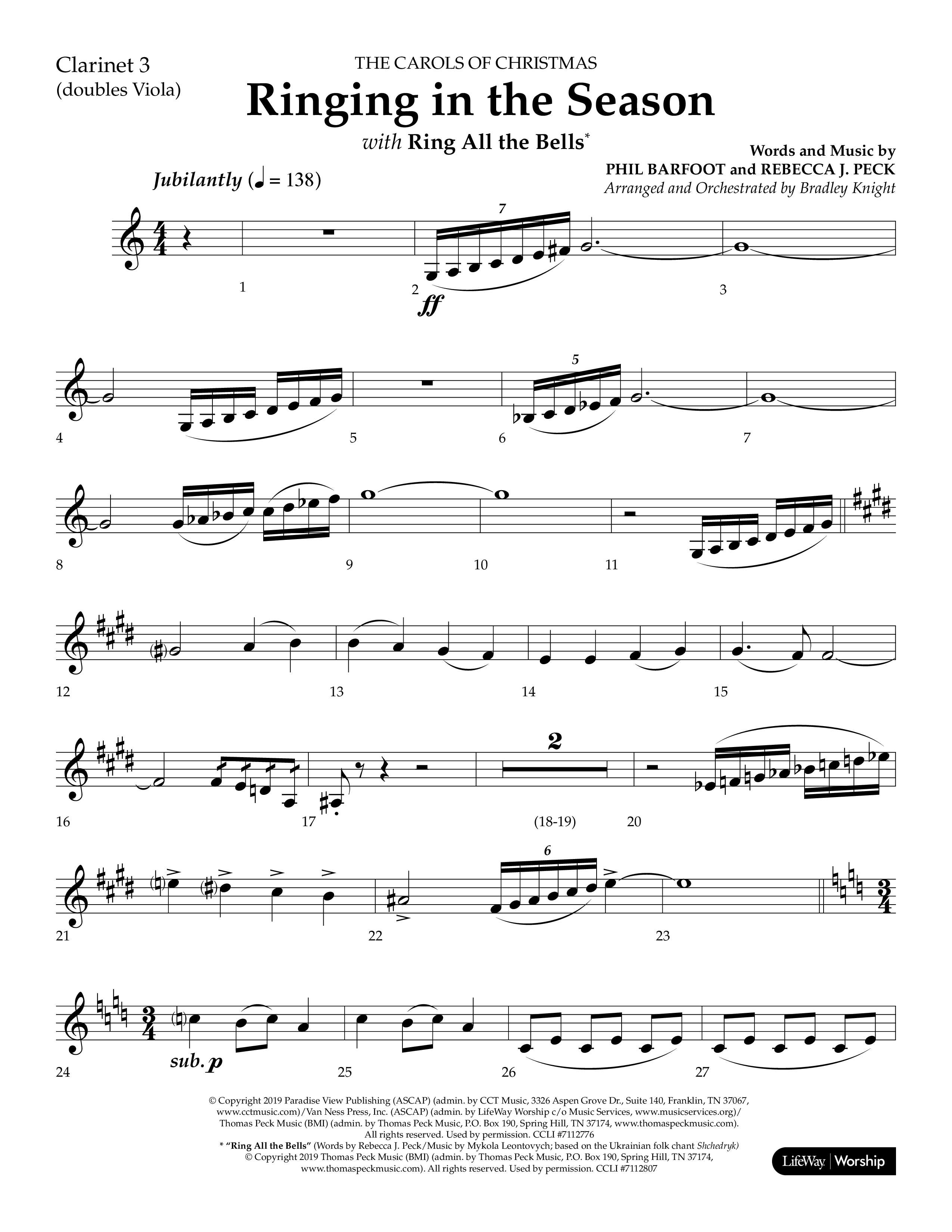 Ringing in the Season (with Ring All the Bells) (Choral Anthem SATB) Clarinet 3 (Lifeway Choral / Arr. Bradley Knight)