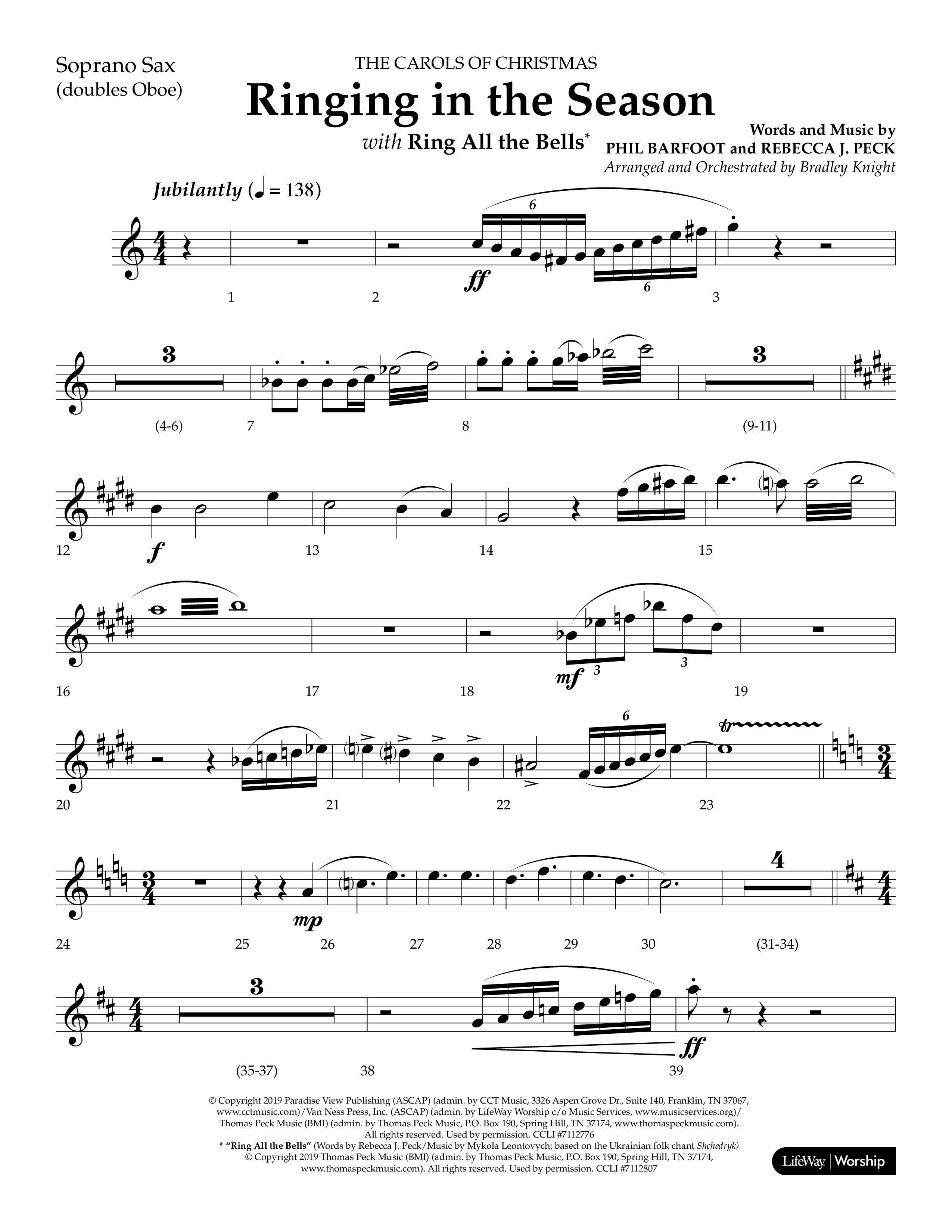 Ringing in the Season (with Ring All the Bells) (Choral Anthem SATB) Soprano Sax (Lifeway Choral / Arr. Bradley Knight)