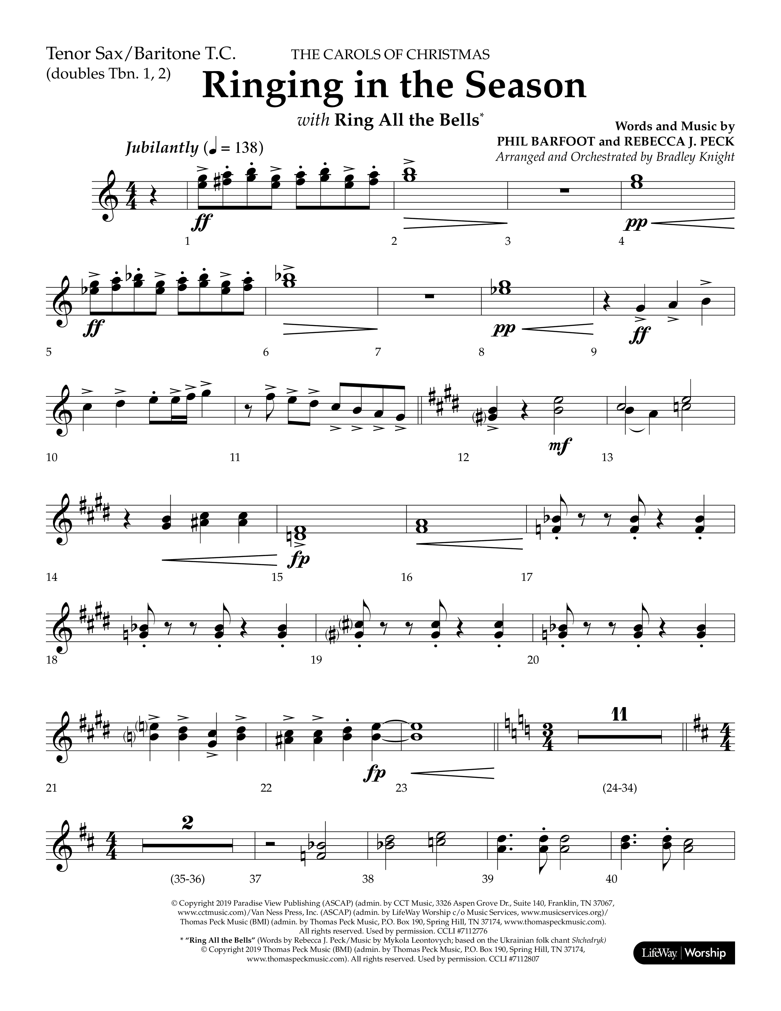 Ringing in the Season (with Ring All the Bells) (Choral Anthem SATB) Tenor Sax/Baritone T.C. (Lifeway Choral / Arr. Bradley Knight)