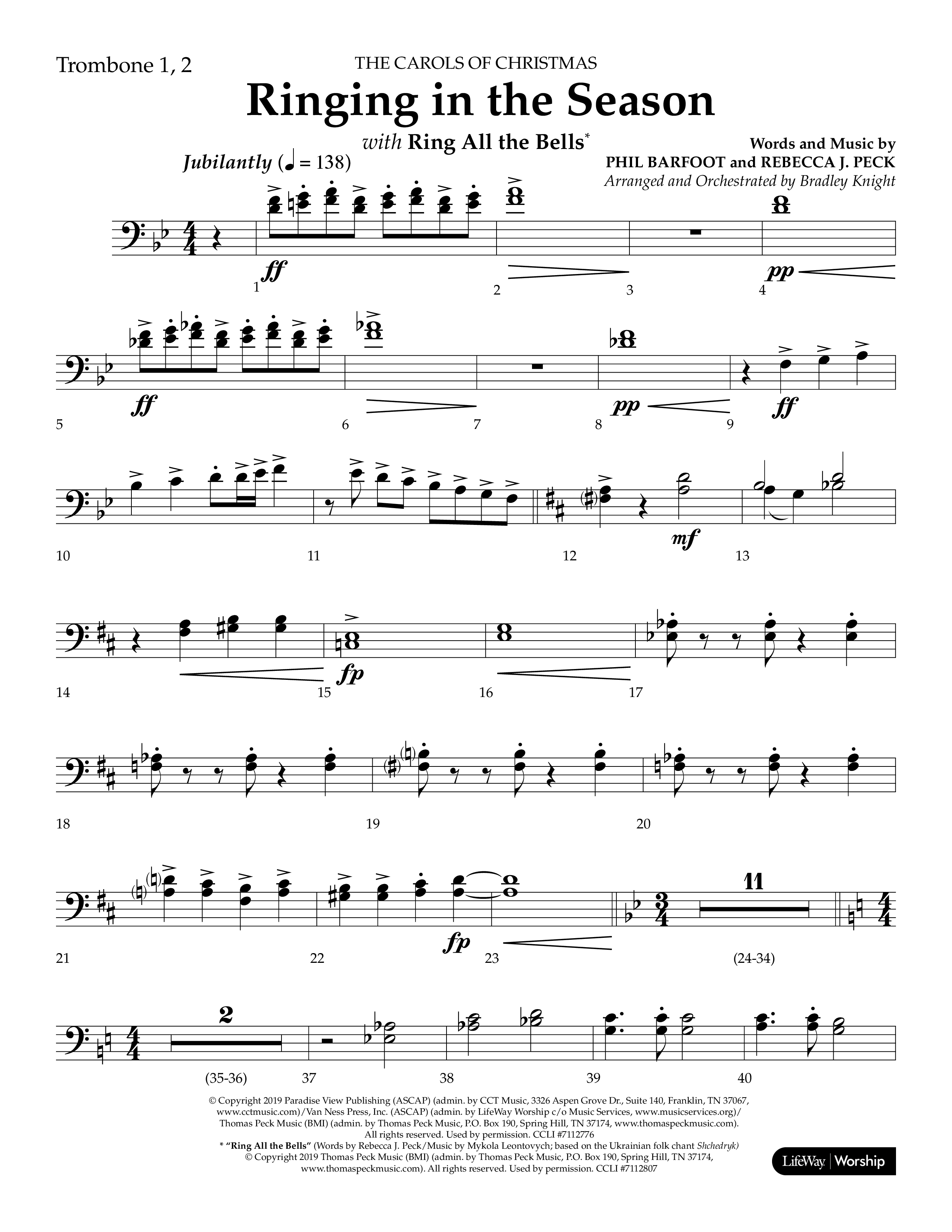 Ringing in the Season (with Ring All the Bells) (Choral Anthem SATB) Trombone 1/2 (Lifeway Choral / Arr. Bradley Knight)