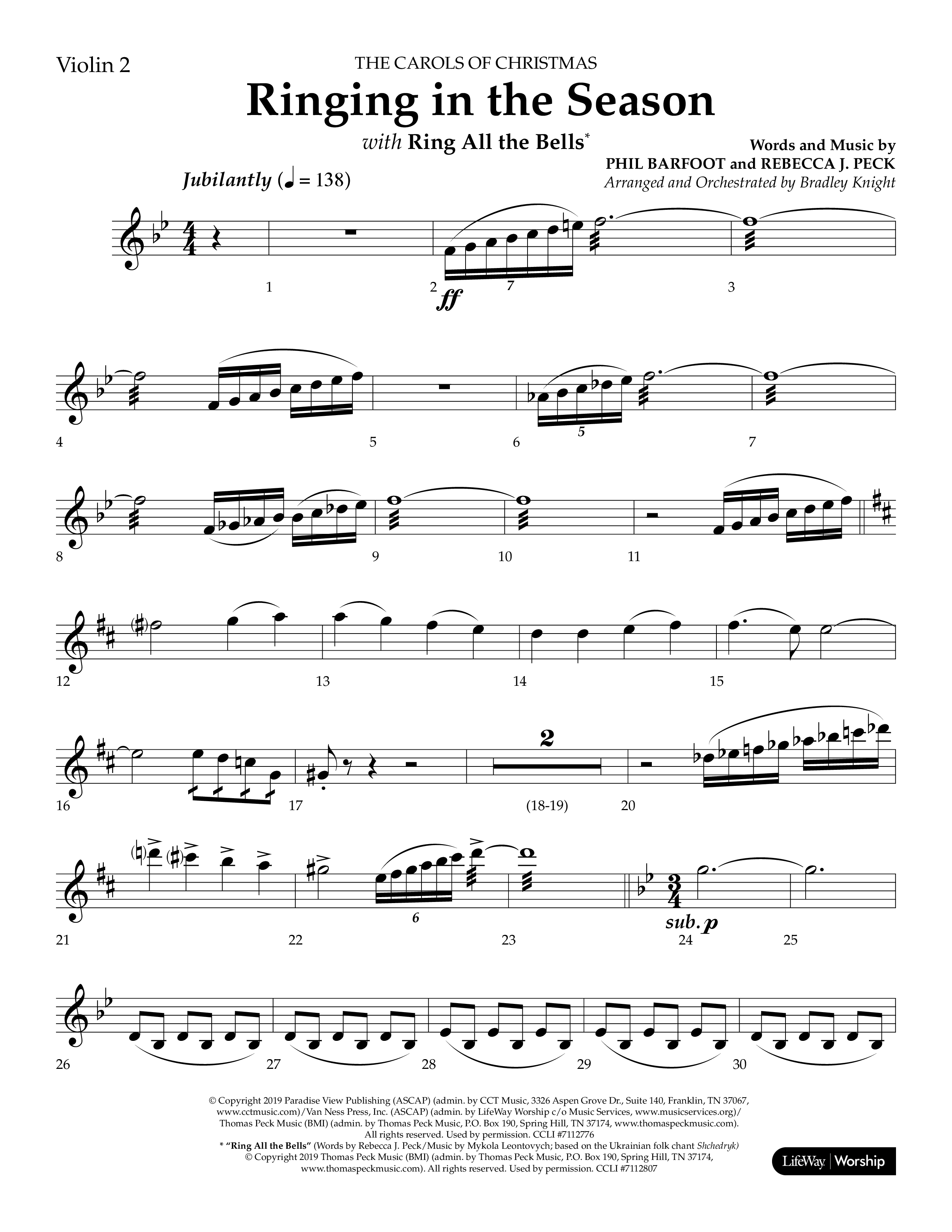 Ringing in the Season (with Ring All the Bells) (Choral Anthem SATB) Violin 2 (Lifeway Choral / Arr. Bradley Knight)