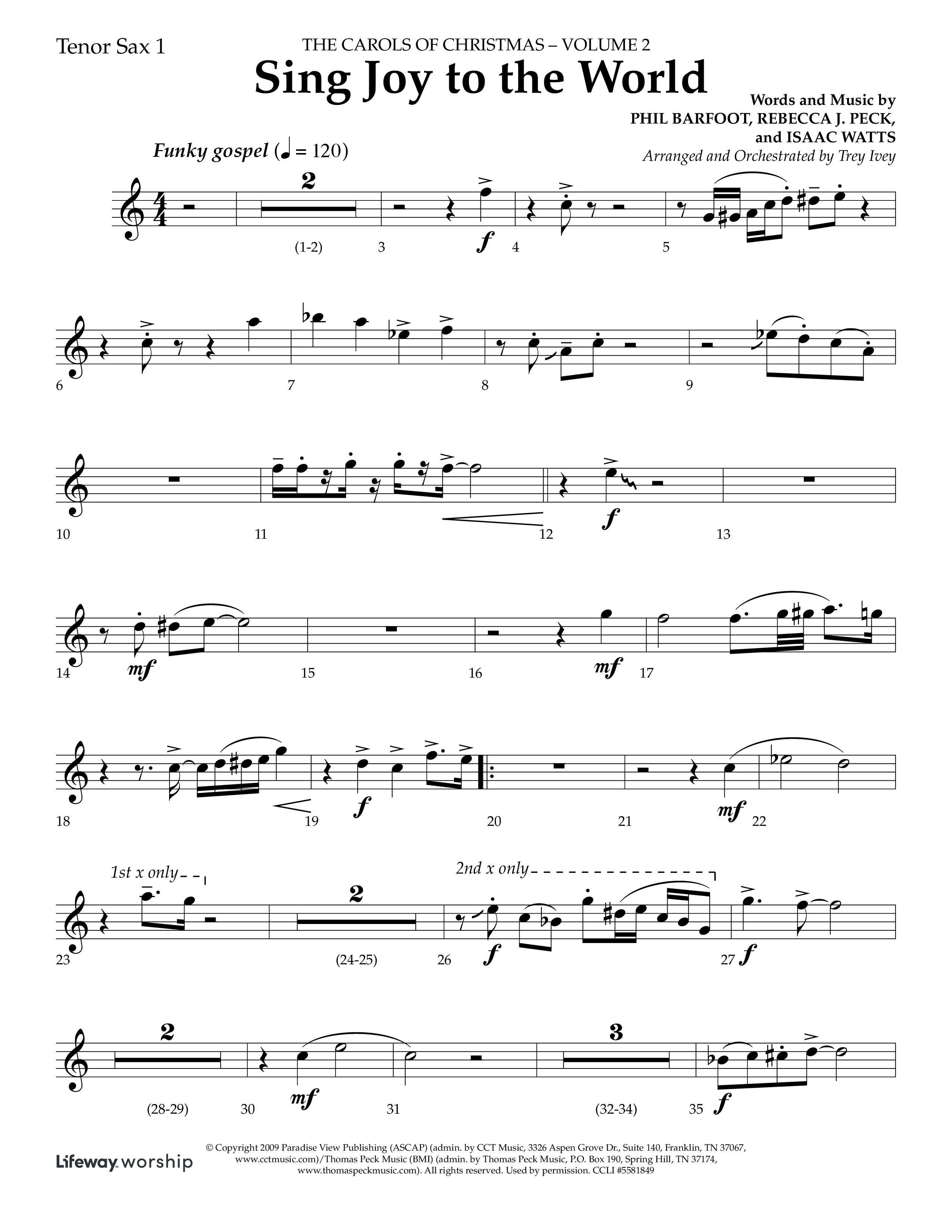 Sing Joy To The World (Choral Anthem SATB) Tenor Sax 1 (Lifeway Choral / Arr. Trey Ivey)