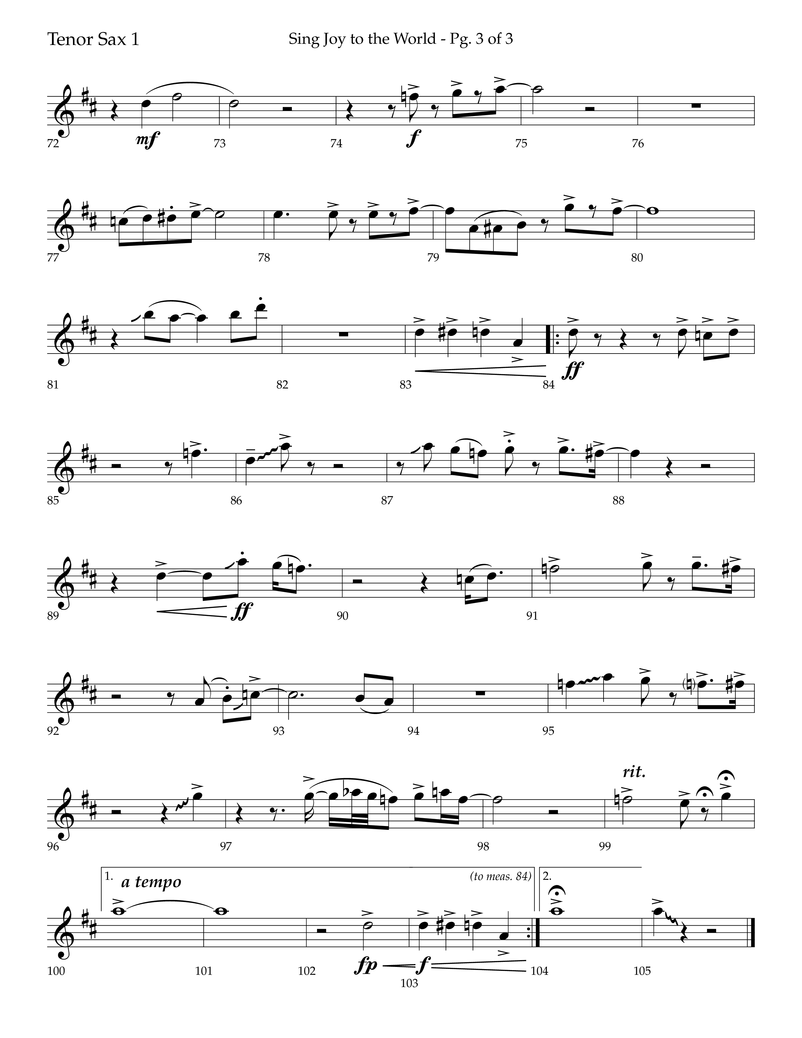 Sing Joy To The World (Choral Anthem SATB) Tenor Sax 1 (Lifeway Choral / Arr. Trey Ivey)