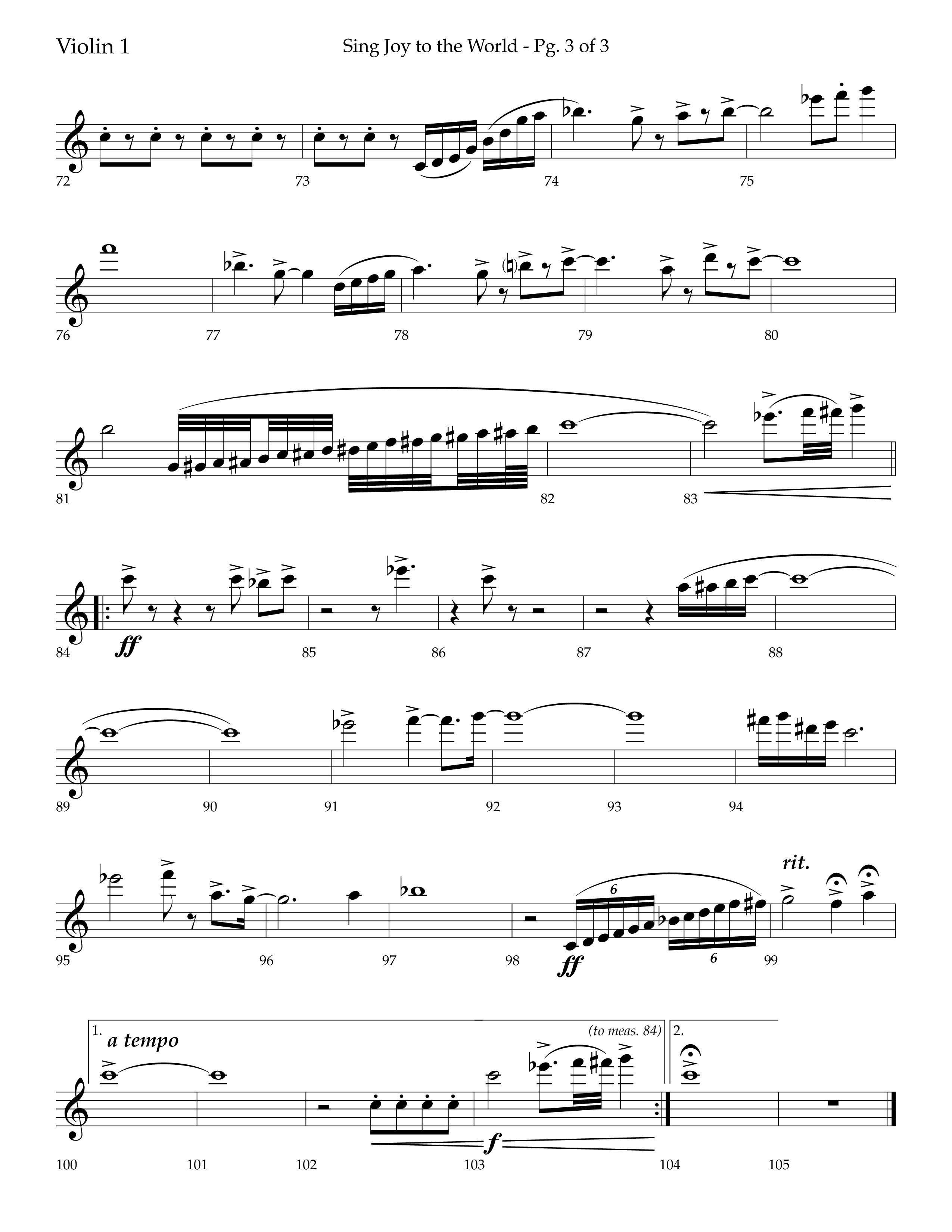 Sing Joy To The World (Choral Anthem SATB) Violin 1 (Lifeway Choral / Arr. Trey Ivey)