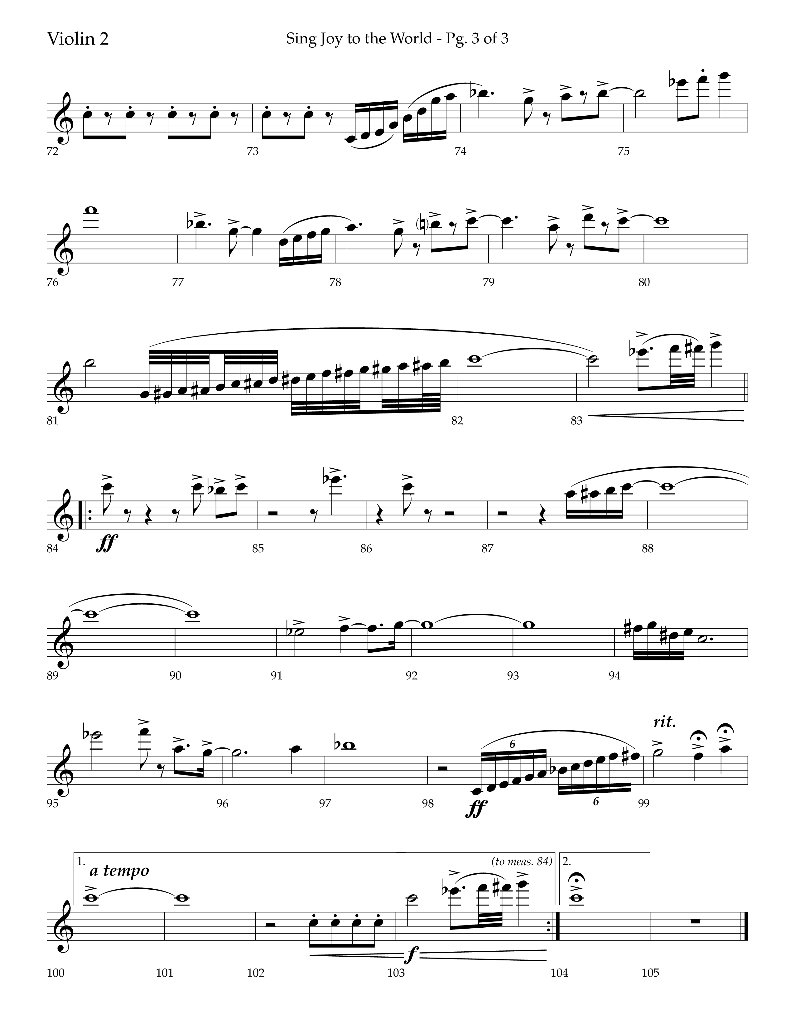Sing Joy To The World (Choral Anthem SATB) Violin 2 (Lifeway Choral / Arr. Trey Ivey)