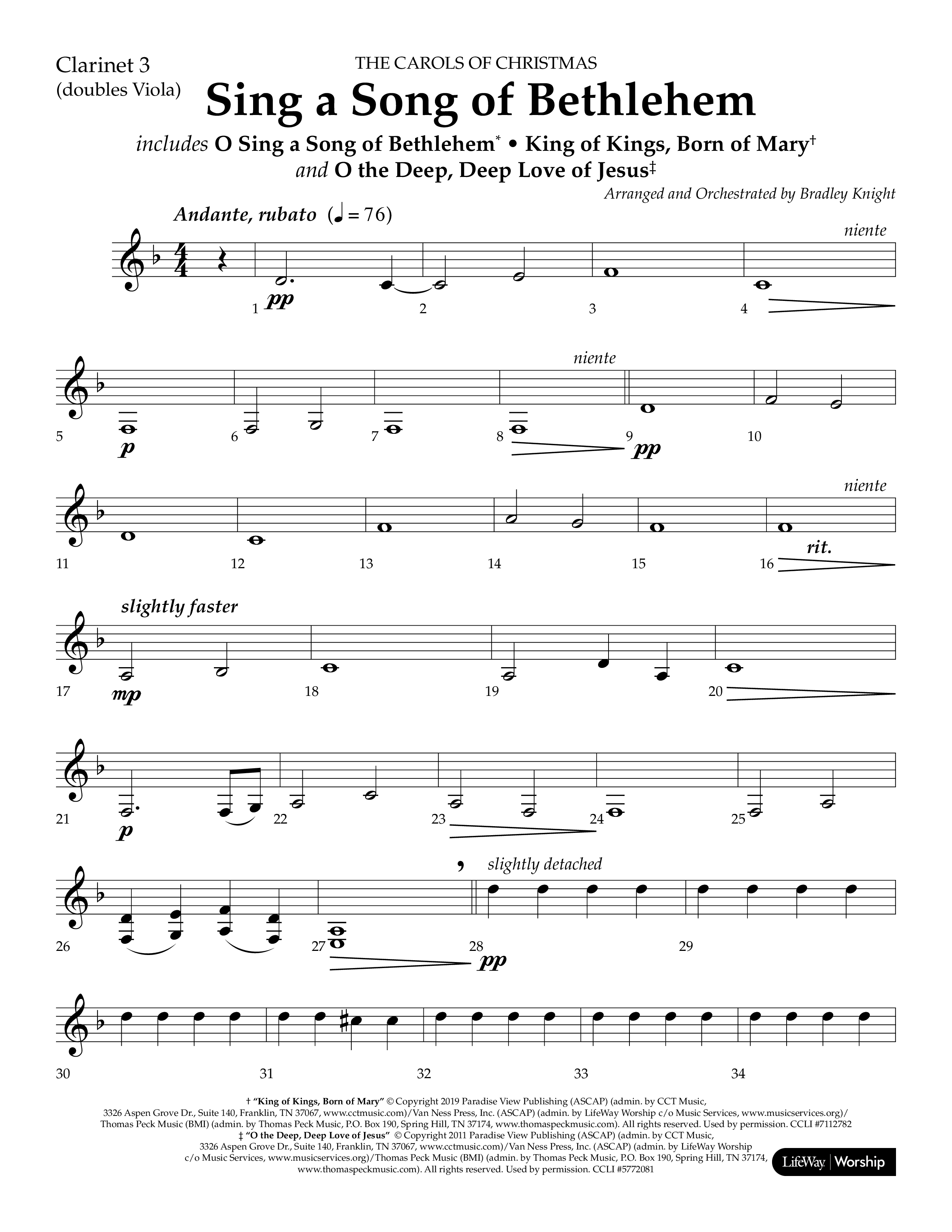 Sing a Song of Bethlehem (Choral Anthem SATB) Clarinet 3 (Lifeway Choral / Arr. Bradley Knight)