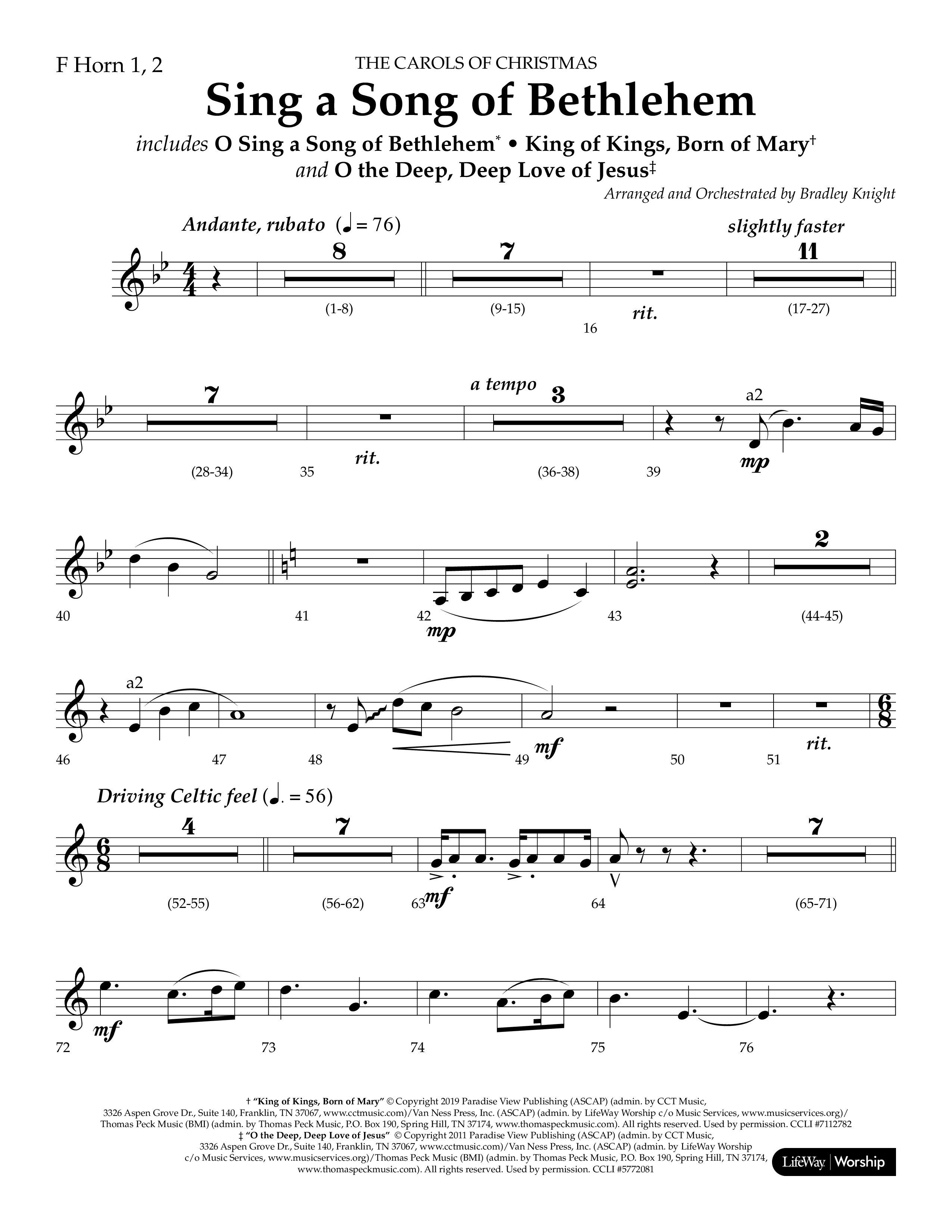 Sing a Song of Bethlehem (Choral Anthem SATB) French Horn 1/2 (Lifeway Choral / Arr. Bradley Knight)