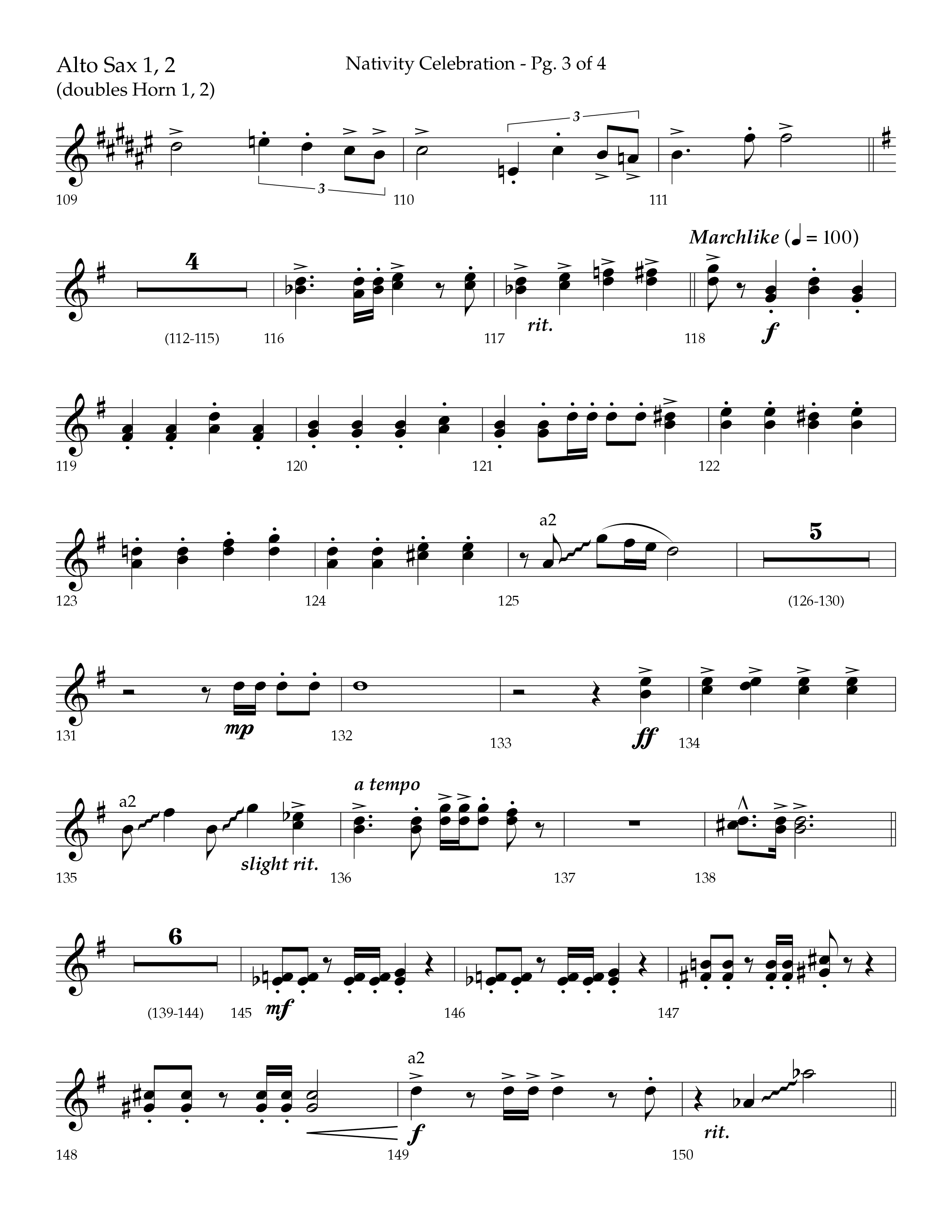 Nativity Celebration (Choral Anthem SATB) Alto Sax 1/2 (Lifeway Choral / Arr. Bradley Knight)