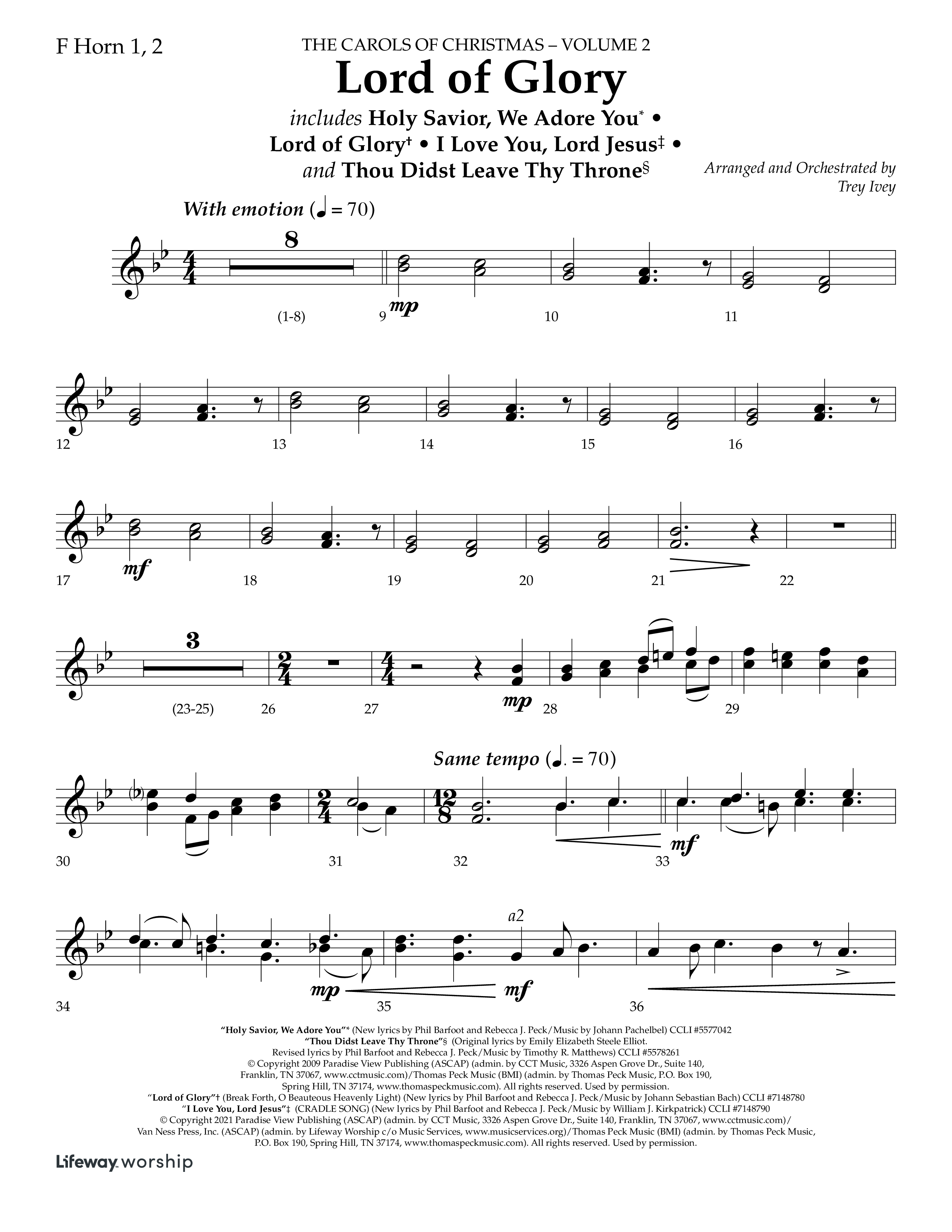 Lord Of Glory (with  Holy Savior We Adore You,  Lord of Glory, I Love You Lord Jesus, Thou Didst Lea (Choral Anthem SATB) French Horn 1/2 (Lifeway Choral / Arr. Trey Ivey)