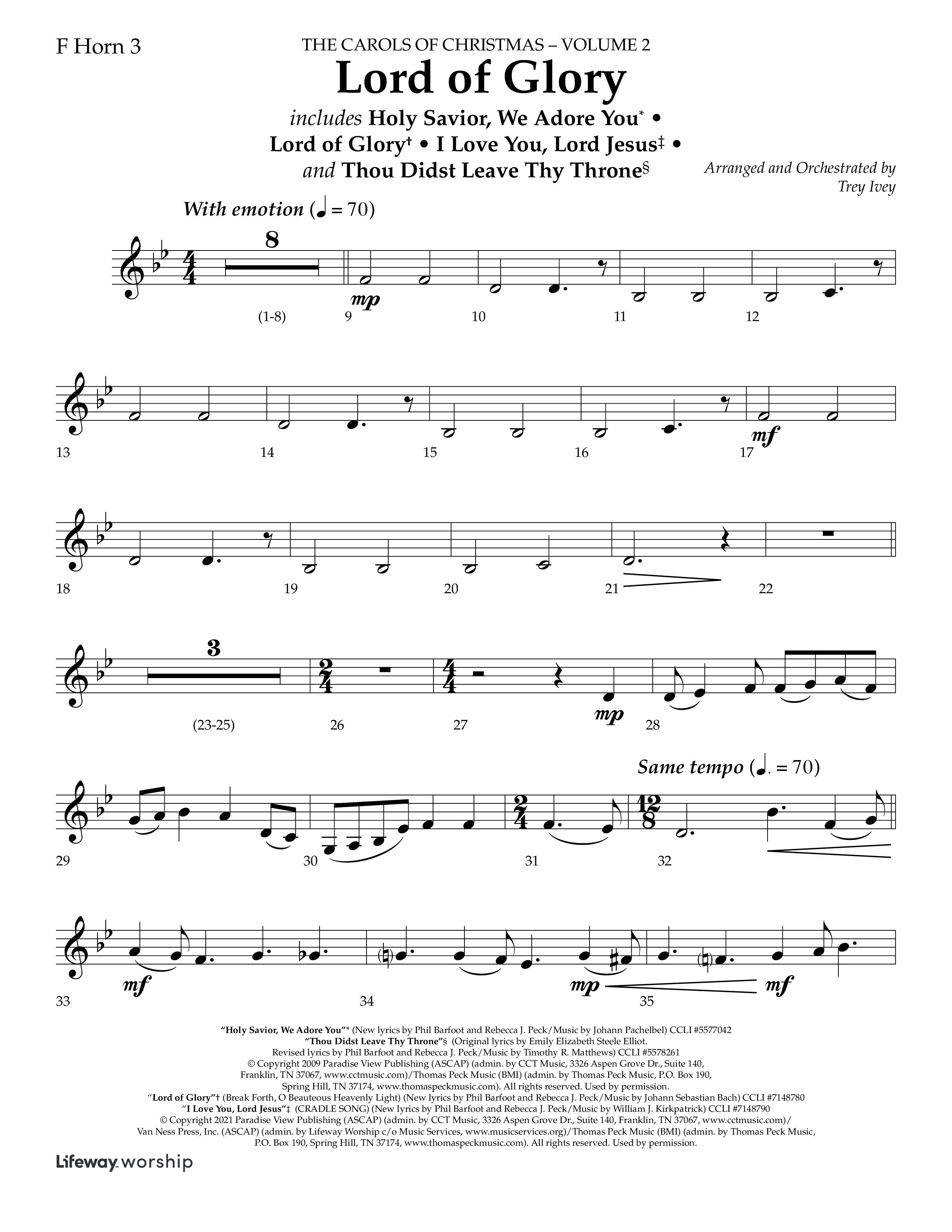 Lord Of Glory (with  Holy Savior We Adore You,  Lord of Glory, I Love You Lord Jesus, Thou Didst Lea (Choral Anthem SATB) French Horn 3 (Lifeway Choral / Arr. Trey Ivey)
