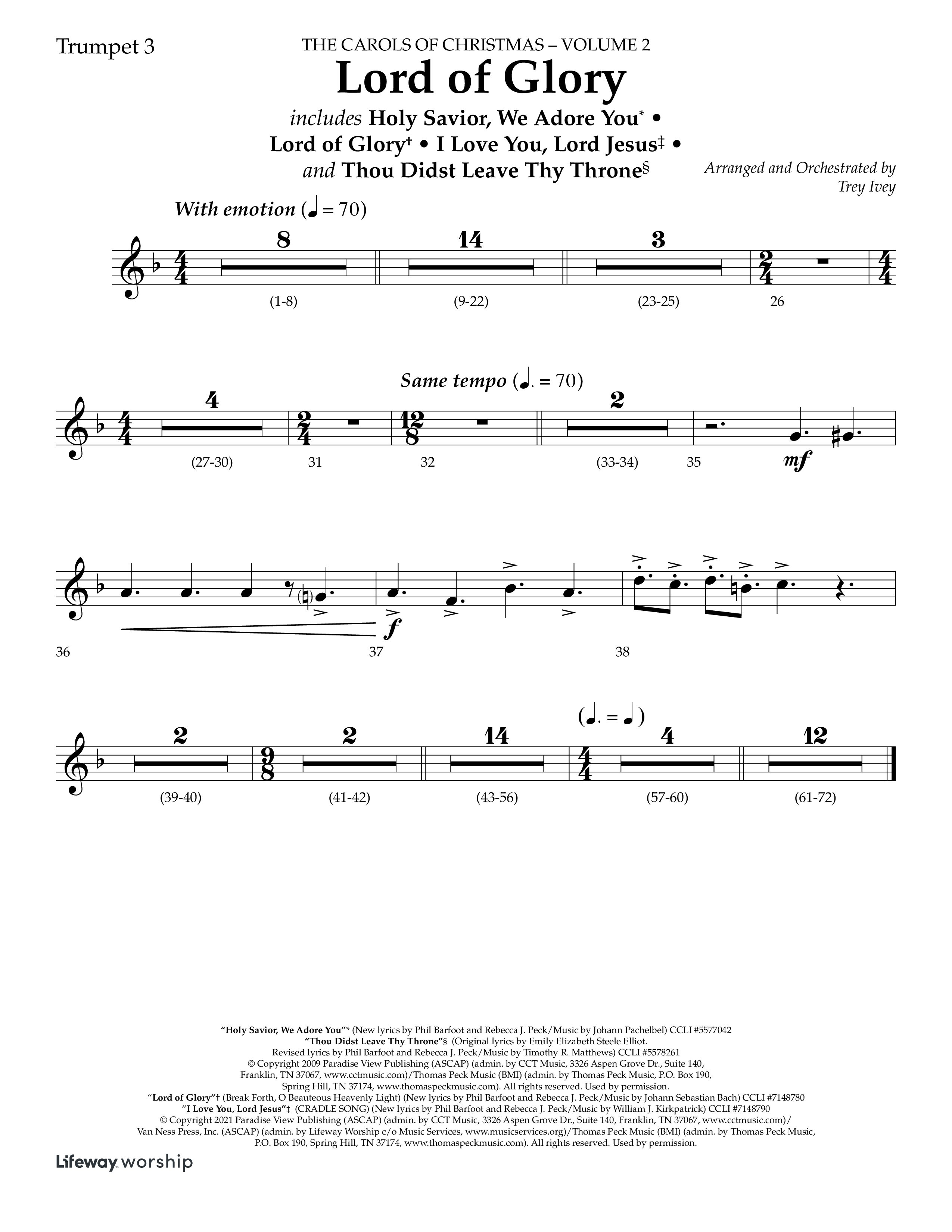 Lord Of Glory (with  Holy Savior We Adore You,  Lord of Glory, I Love You Lord Jesus, Thou Didst Lea (Choral Anthem SATB) Trumpet 3 (Lifeway Choral / Arr. Trey Ivey)