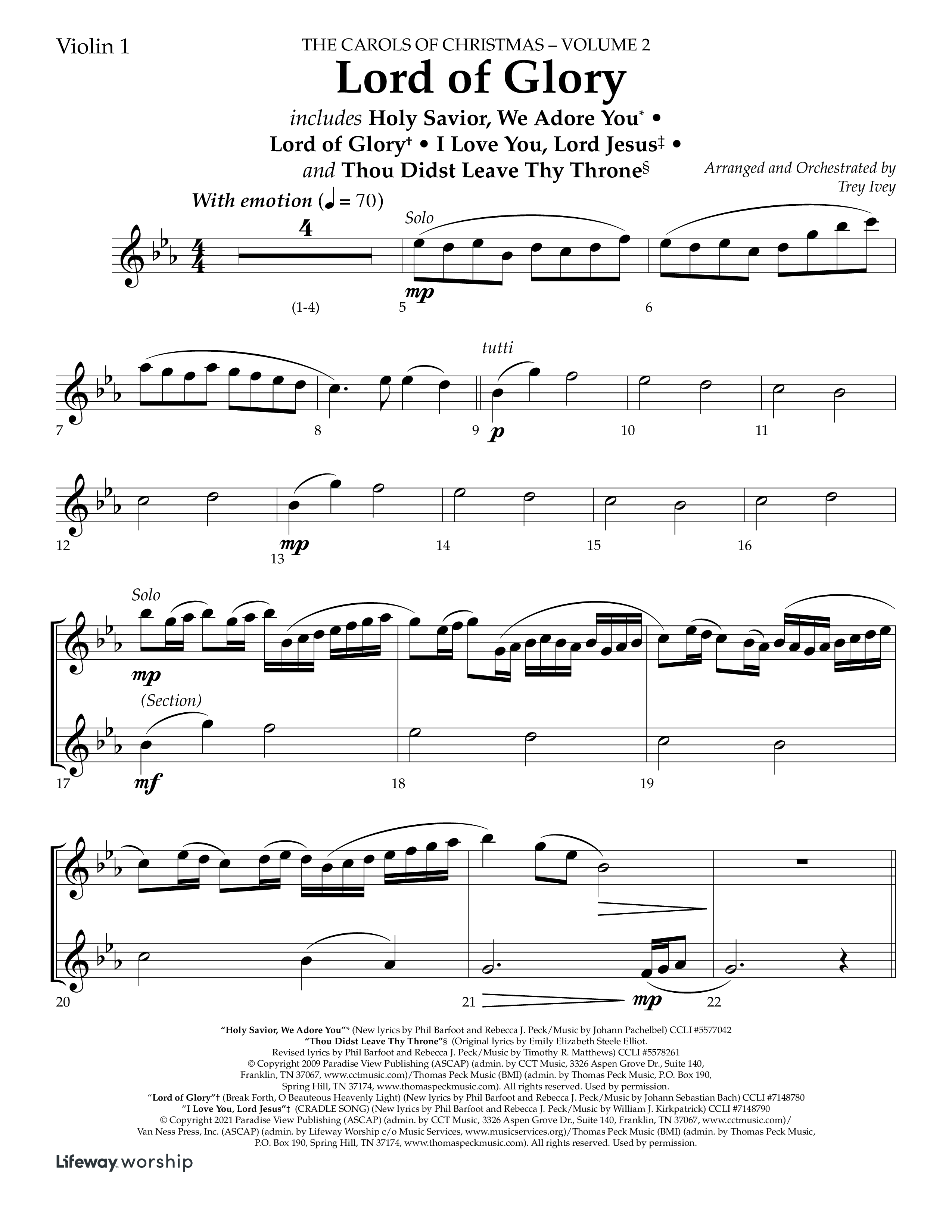 Lord Of Glory (with  Holy Savior We Adore You,  Lord of Glory, I Love You Lord Jesus, Thou Didst Lea (Choral Anthem SATB) Violin 1 (Lifeway Choral / Arr. Trey Ivey)