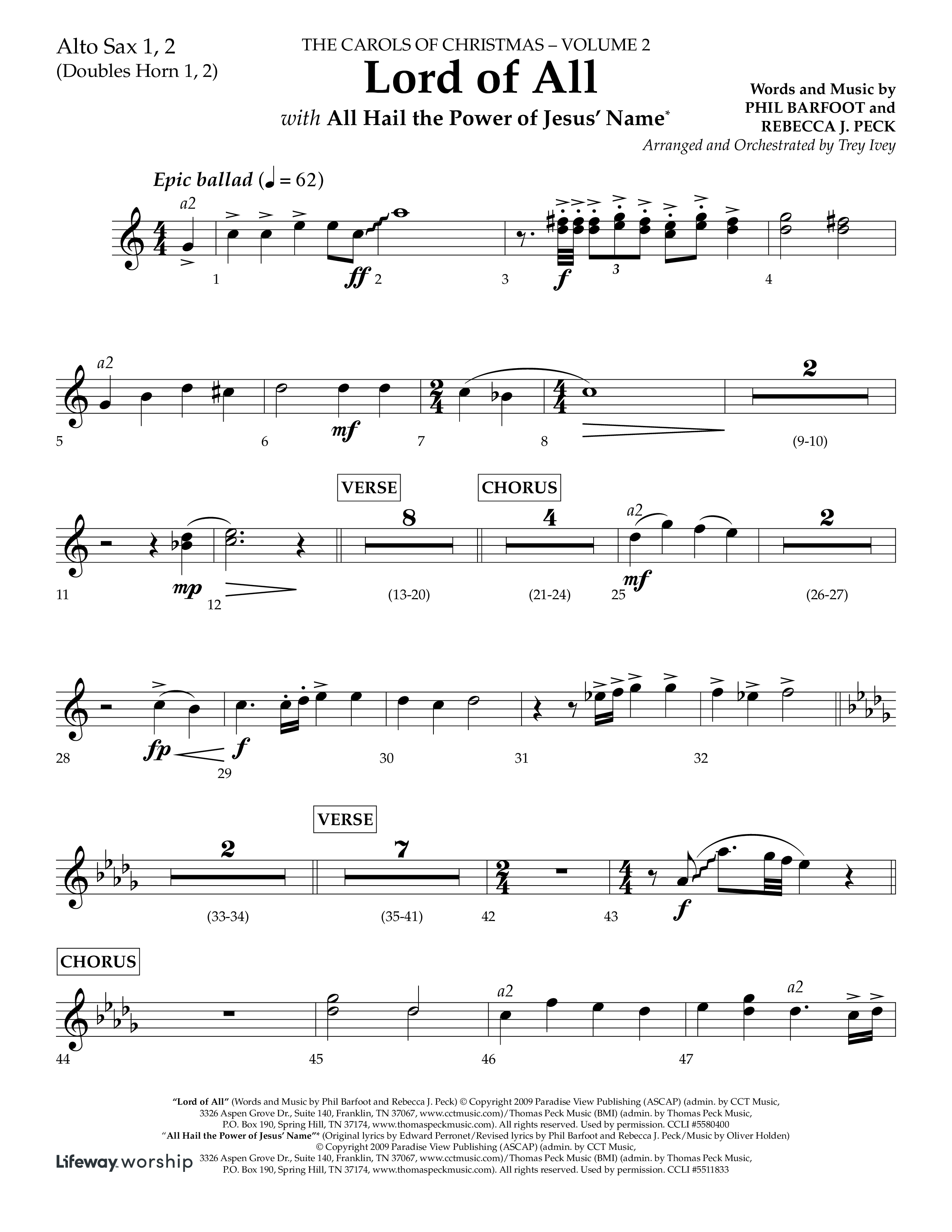 Lord Of All (with All Hail The Power Of Jesus Name) (Choral Anthem SATB) Alto Sax 1/2 (Lifeway Choral / Arr. Trey Ivey)