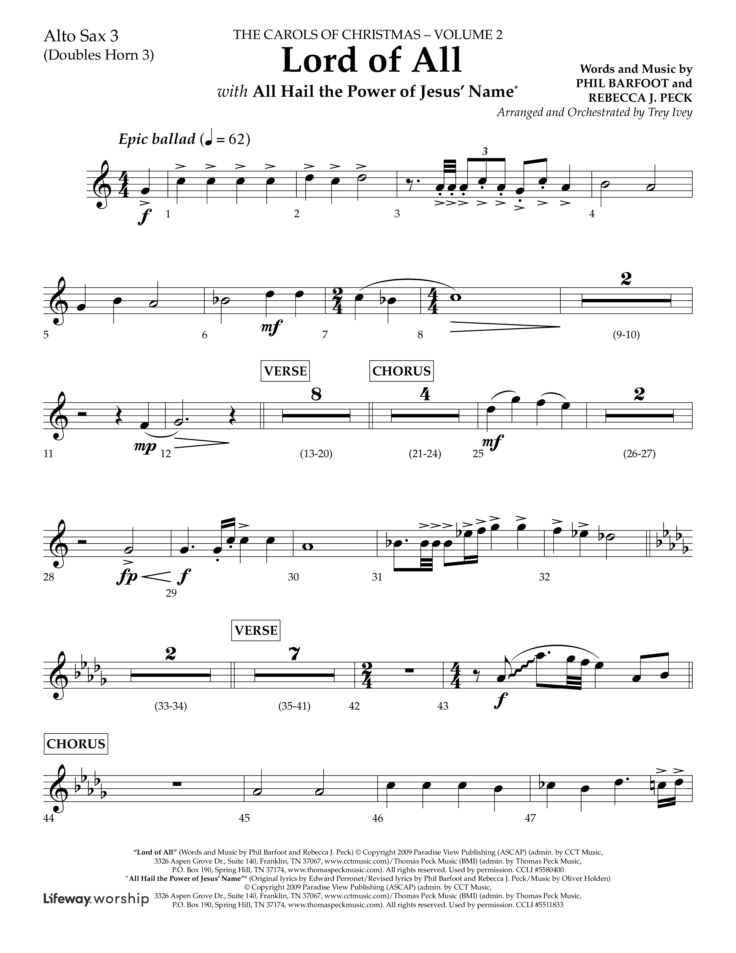 Lord Of All (with All Hail The Power Of Jesus Name) (Choral Anthem SATB) Alto Sax (Lifeway Choral / Arr. Trey Ivey)