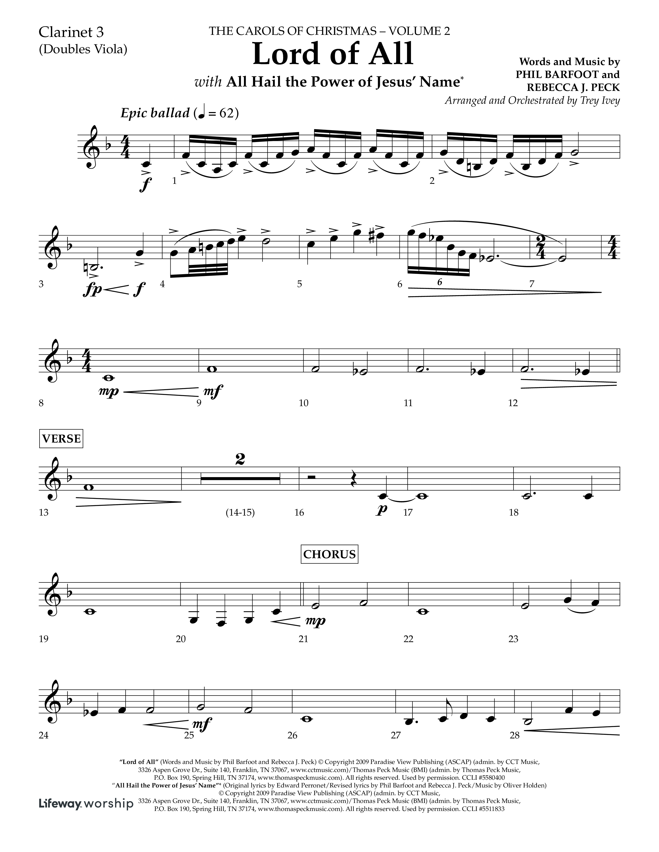 Lord Of All (with All Hail The Power Of Jesus Name) (Choral Anthem SATB) Clarinet 3 (Lifeway Choral / Arr. Trey Ivey)