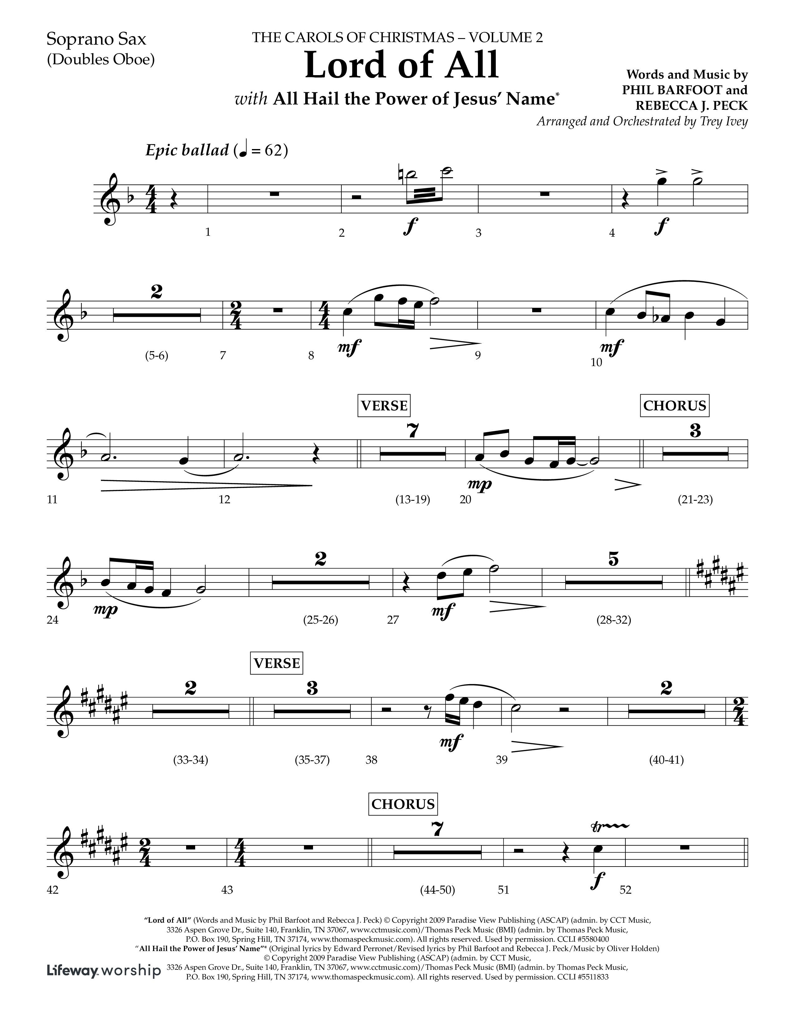 Lord Of All (with All Hail The Power Of Jesus Name) (Choral Anthem SATB) Soprano Sax (Lifeway Choral / Arr. Trey Ivey)