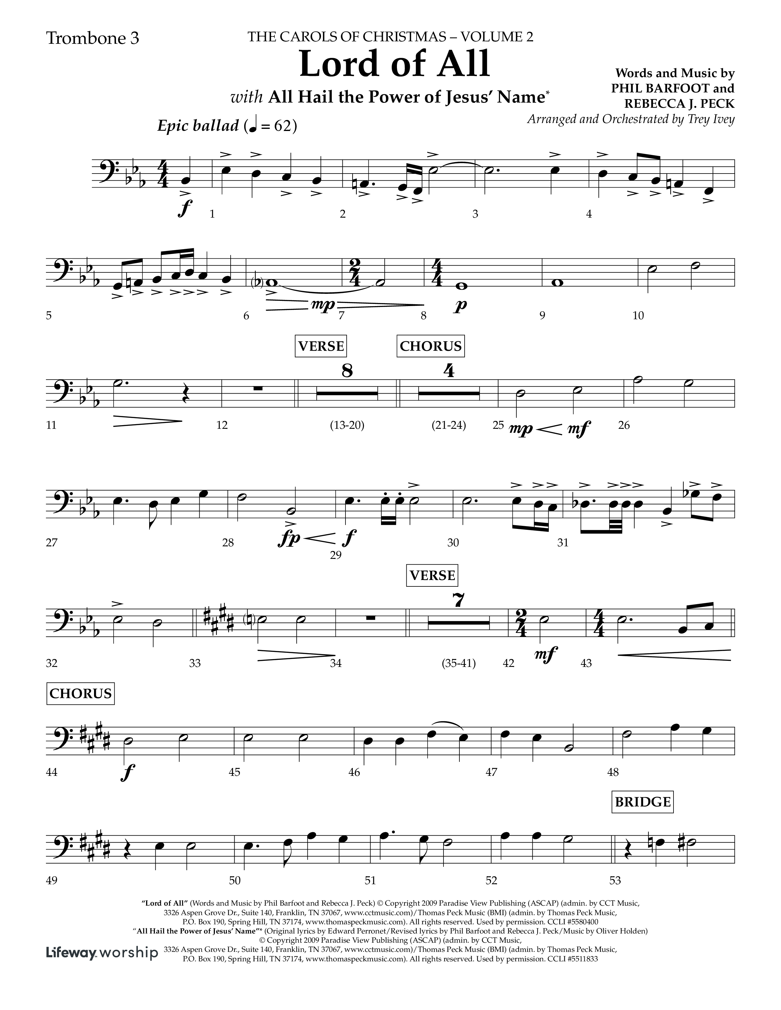 Lord Of All (with All Hail The Power Of Jesus Name) (Choral Anthem SATB) Trombone 3 (Lifeway Choral / Arr. Trey Ivey)