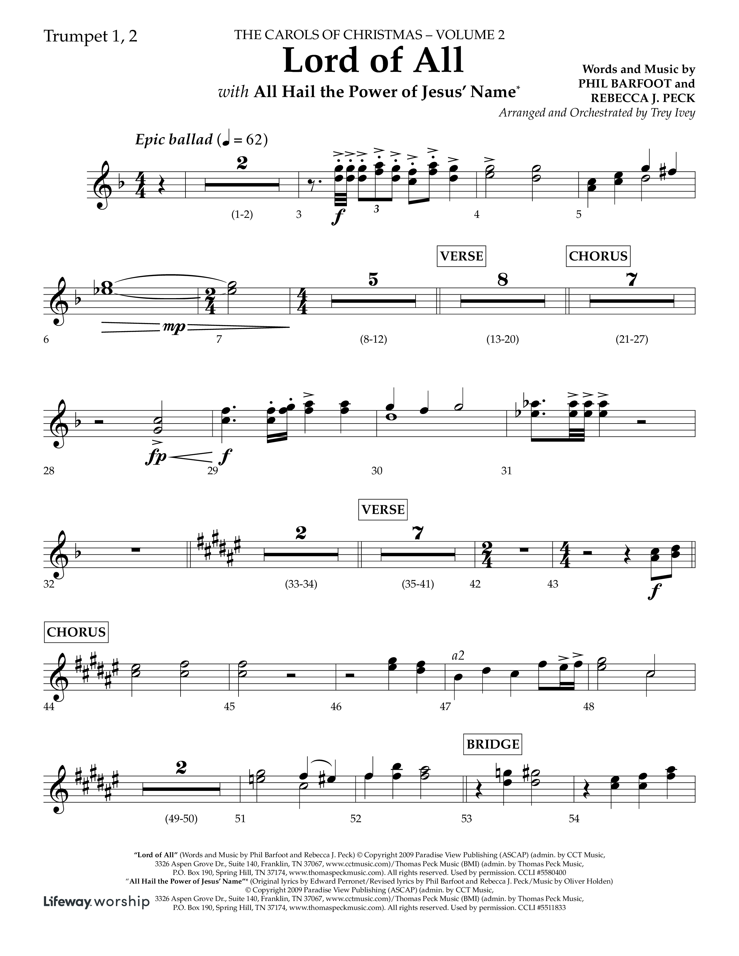 Lord Of All (with All Hail The Power Of Jesus Name) (Choral Anthem SATB) Trumpet 1,2 (Lifeway Choral / Arr. Trey Ivey)