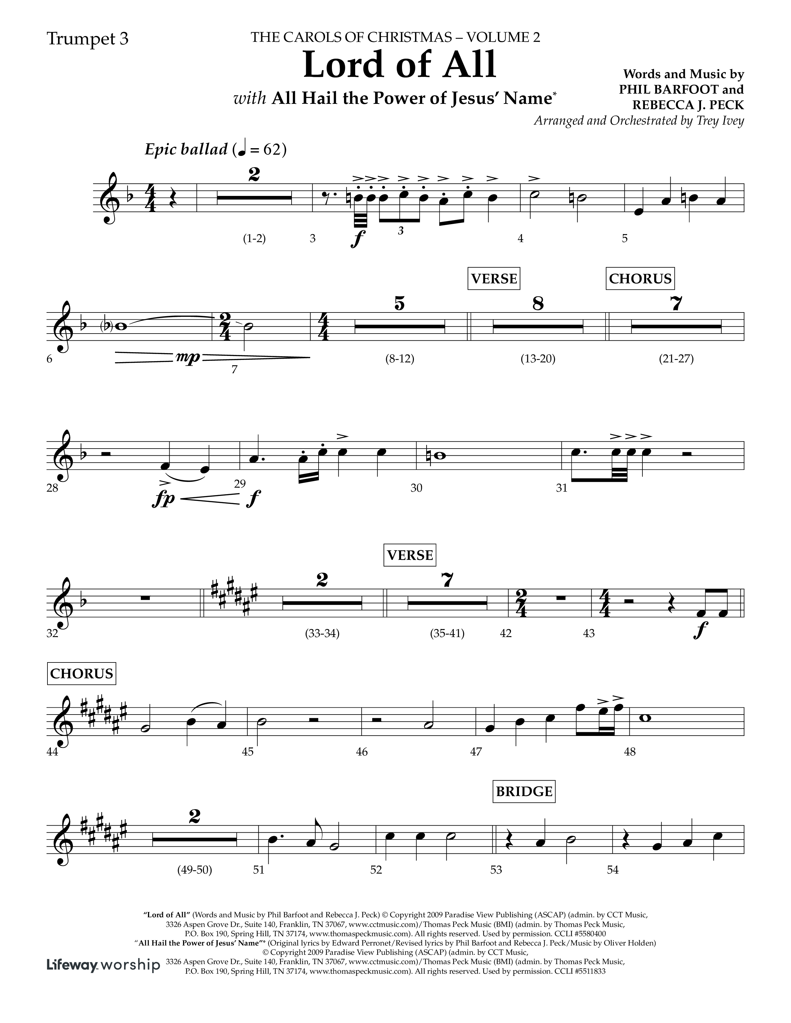 Lord Of All (with All Hail The Power Of Jesus Name) (Choral Anthem SATB) Trumpet 3 (Lifeway Choral / Arr. Trey Ivey)