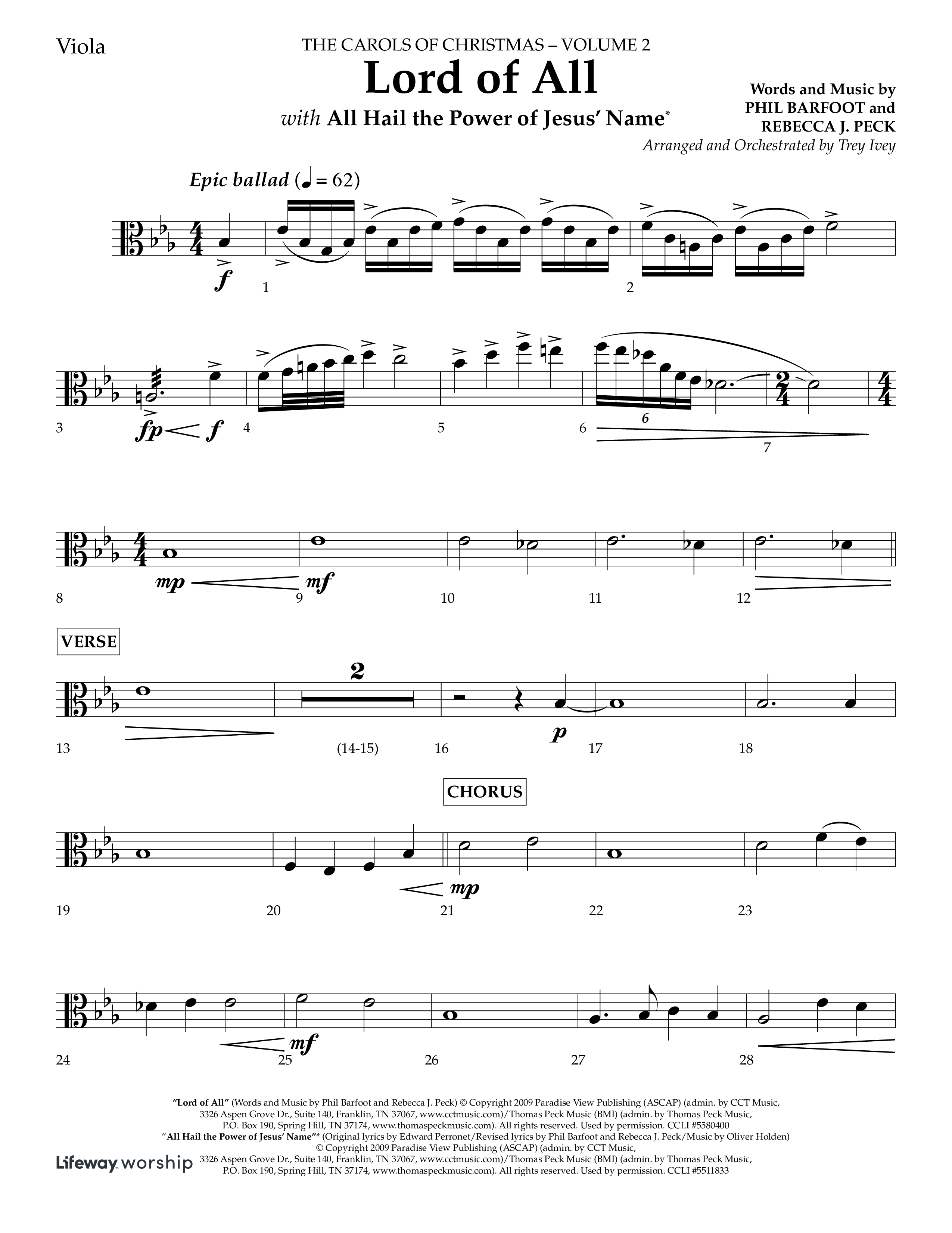 Lord Of All (with All Hail The Power Of Jesus Name) (Choral Anthem SATB) Viola (Lifeway Choral / Arr. Trey Ivey)