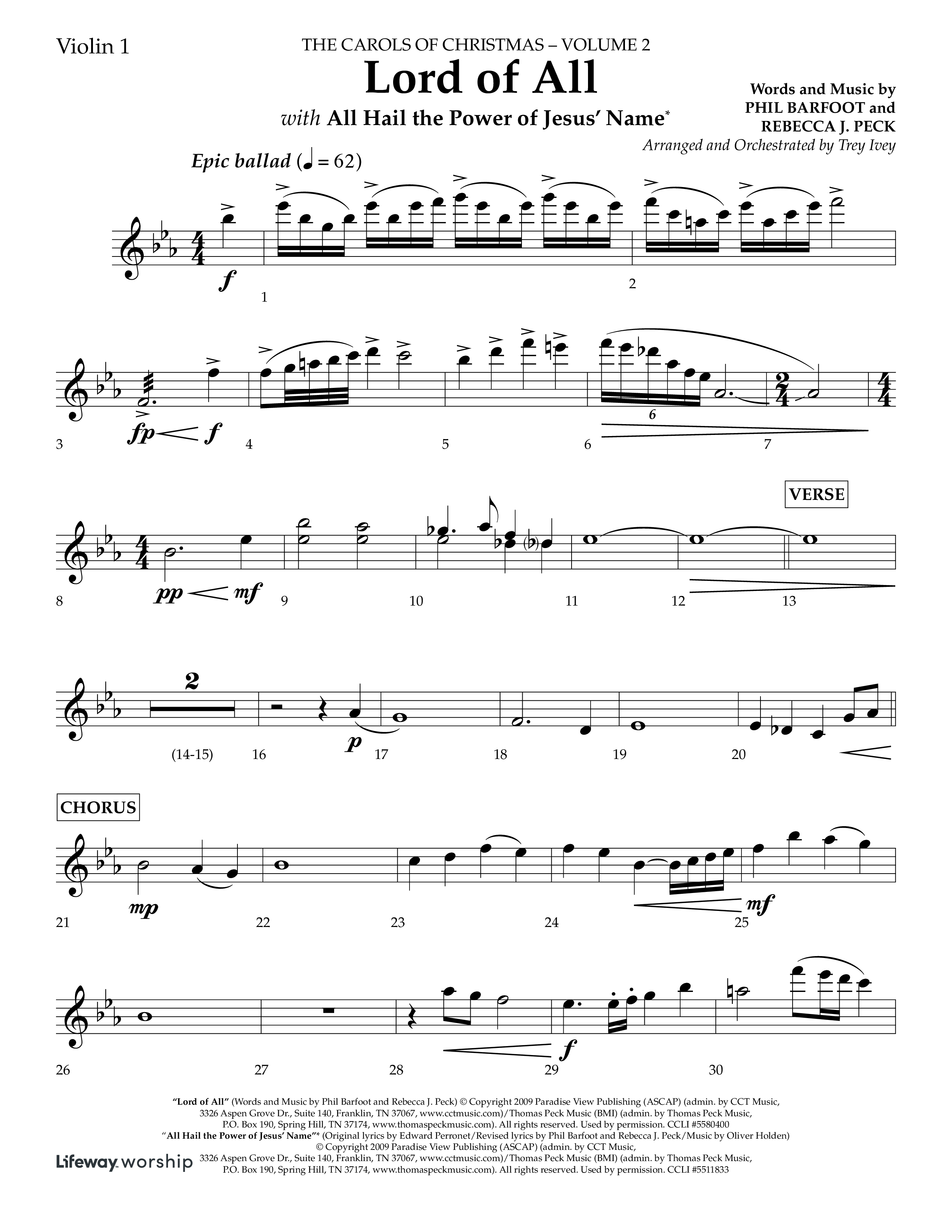 Lord Of All (with All Hail The Power Of Jesus Name) (Choral Anthem SATB) Violin 1 (Lifeway Choral / Arr. Trey Ivey)