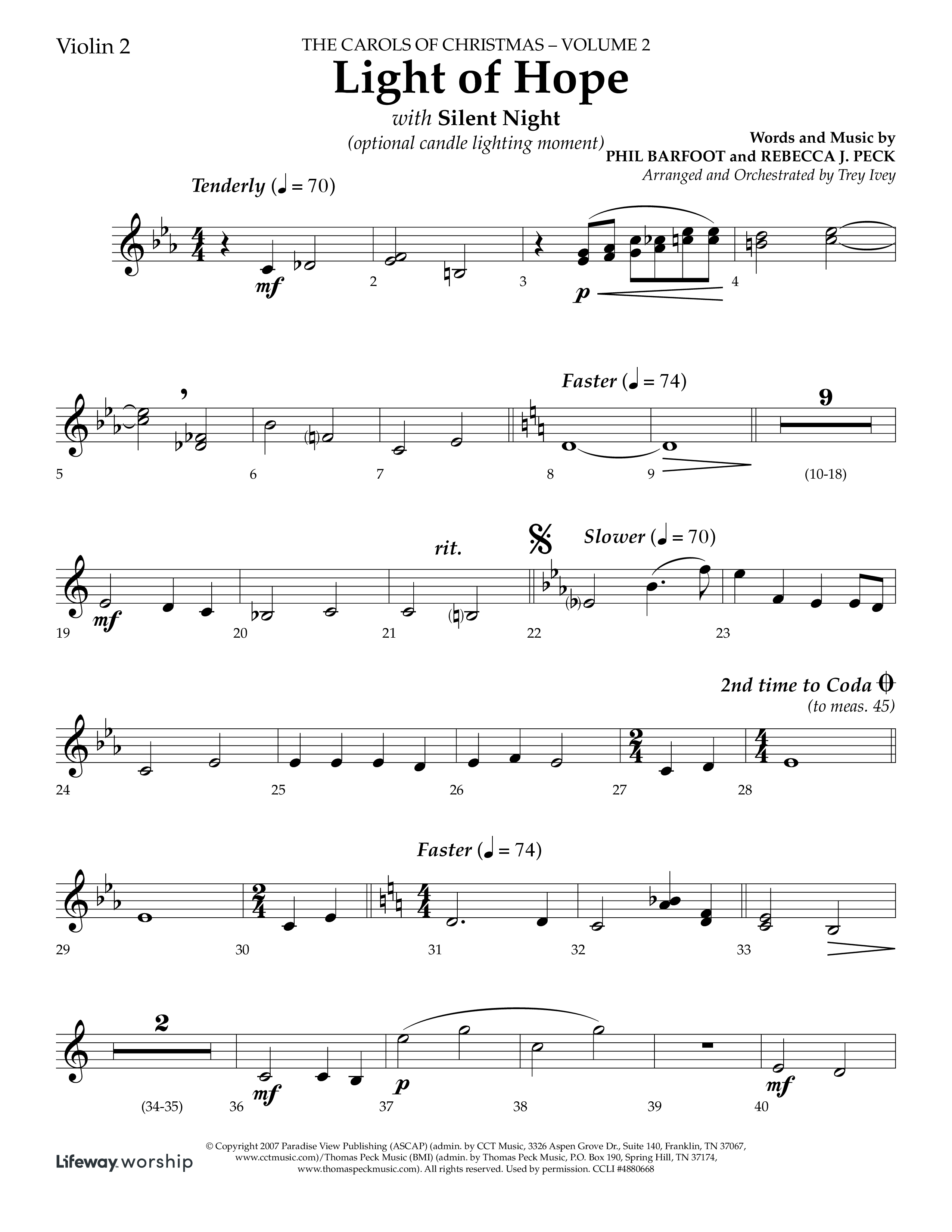 Light Of Hope (with Silent Night) (Choral Anthem SATB) Violin 2 (Lifeway Choral / Arr. Trey Ivey)