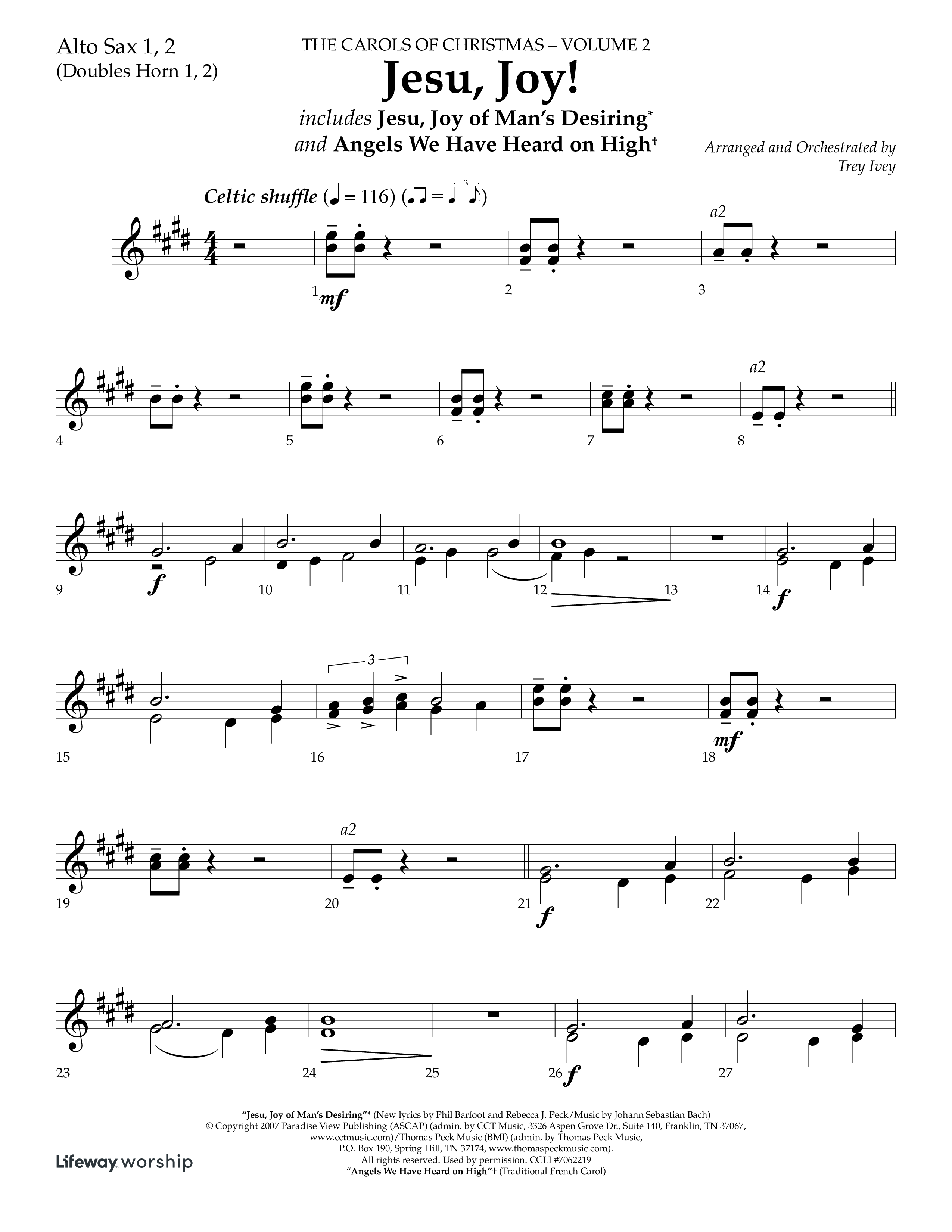 Jesu Joy (with Jesu Joy Of Man's Desiring, Angels We Have Heard On High) (Choral Anthem SATB) Alto Sax 1/2 (Lifeway Choral / Arr. Trey Ivey)