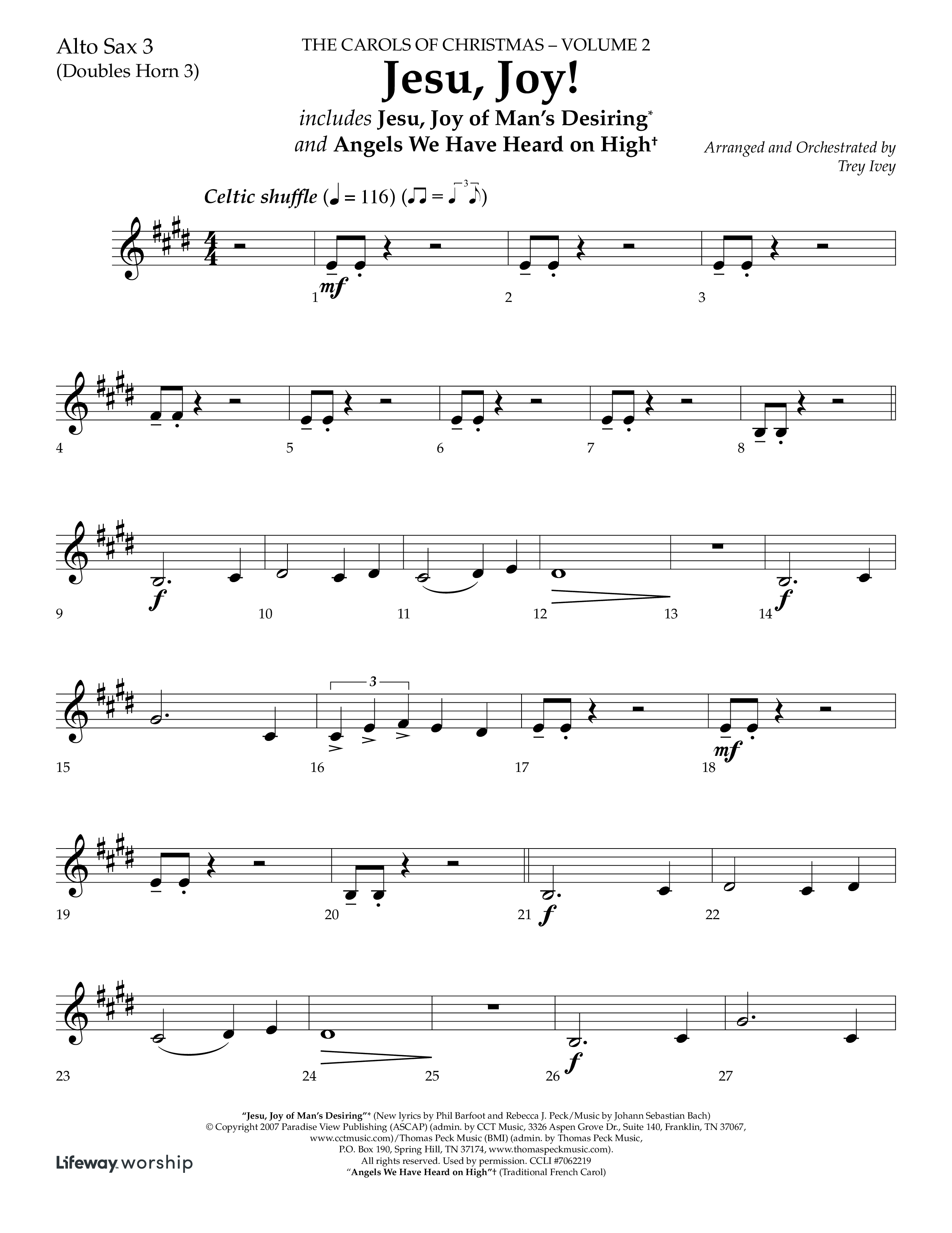 Jesu Joy (with Jesu Joy Of Man's Desiring, Angels We Have Heard On High) (Choral Anthem SATB) Alto Sax (Lifeway Choral / Arr. Trey Ivey)