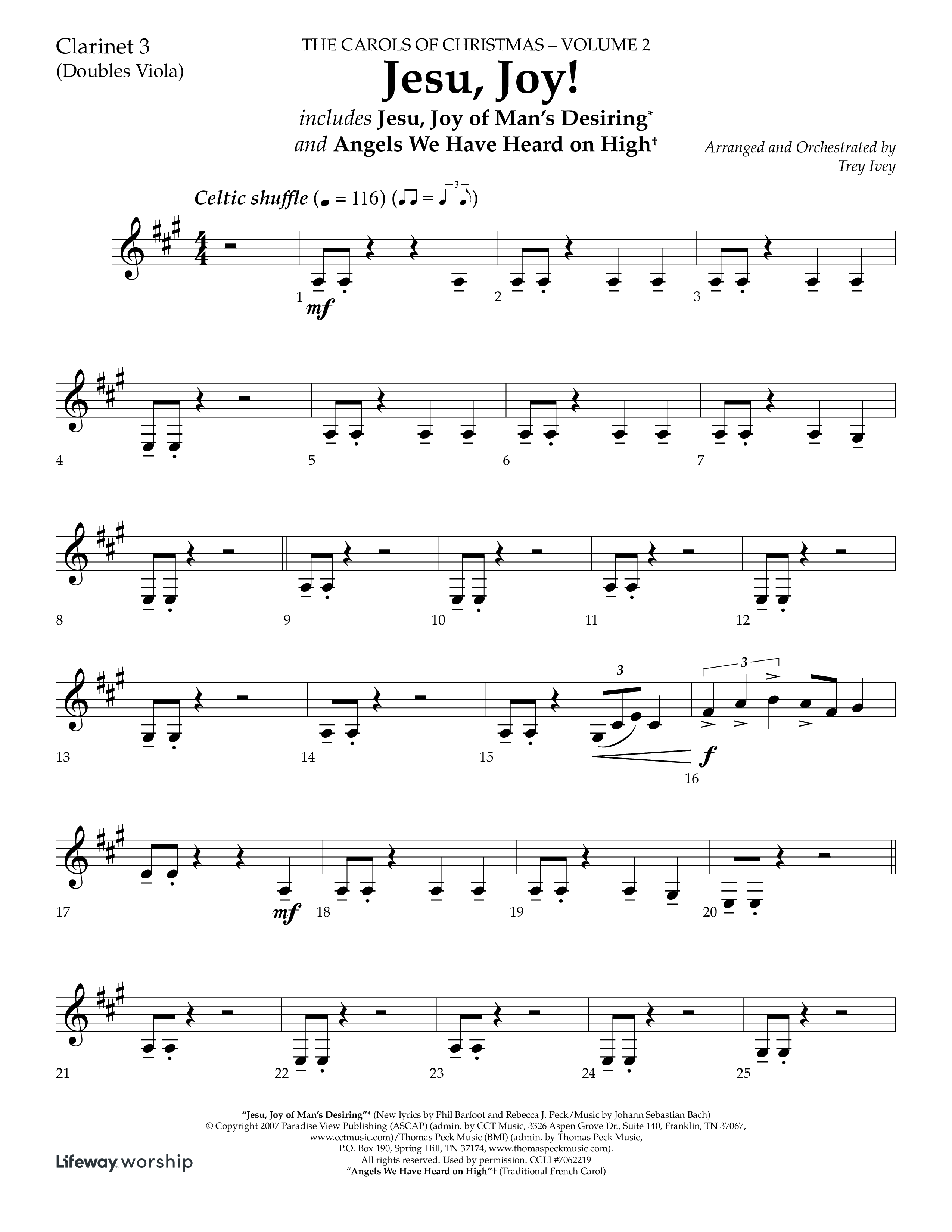 Jesu Joy (with Jesu Joy Of Man's Desiring, Angels We Have Heard On High) (Choral Anthem SATB) Clarinet 3 (Lifeway Choral / Arr. Trey Ivey)