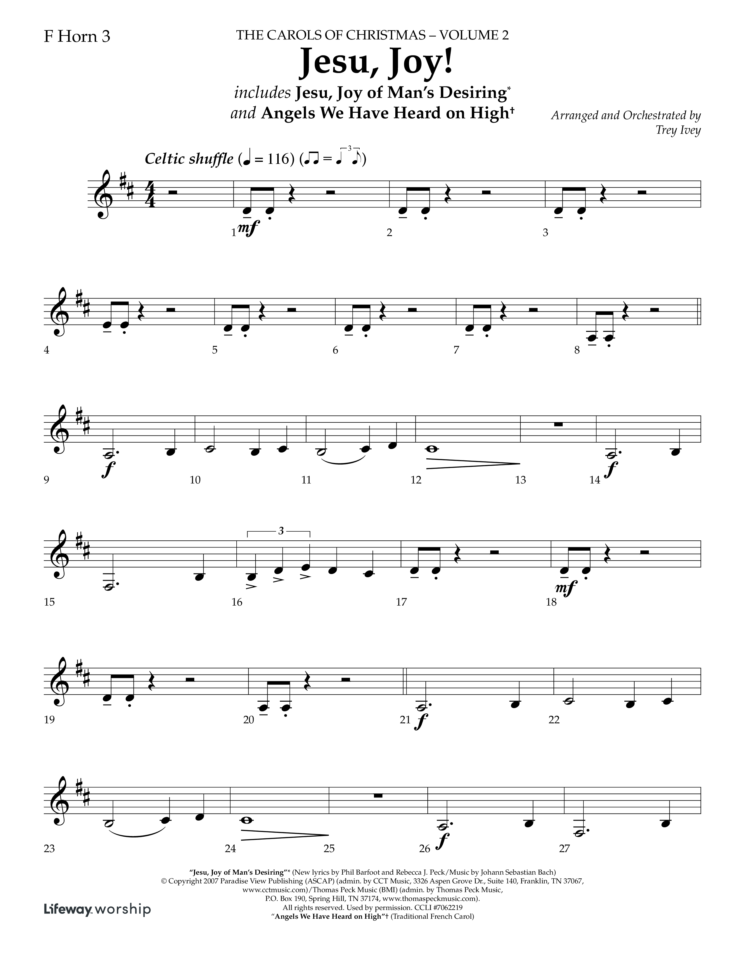 Jesu Joy (with Jesu Joy Of Man's Desiring, Angels We Have Heard On High) (Choral Anthem SATB) French Horn 3 (Lifeway Choral / Arr. Trey Ivey)