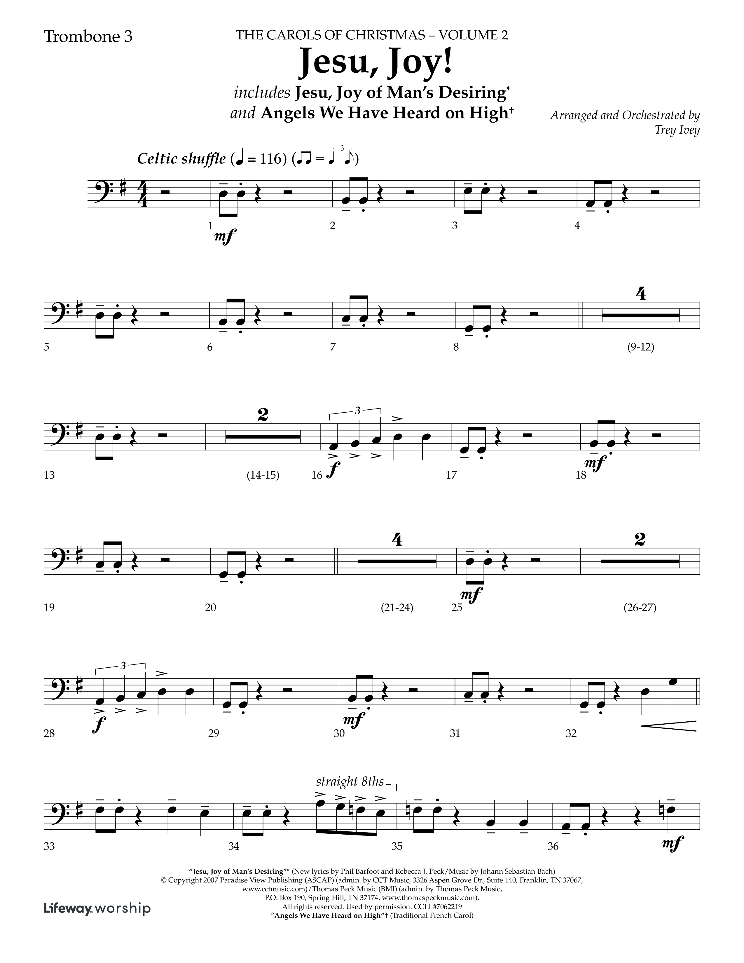 Jesu Joy (with Jesu Joy Of Man's Desiring, Angels We Have Heard On High) (Choral Anthem SATB) Trombone 3 (Lifeway Choral / Arr. Trey Ivey)