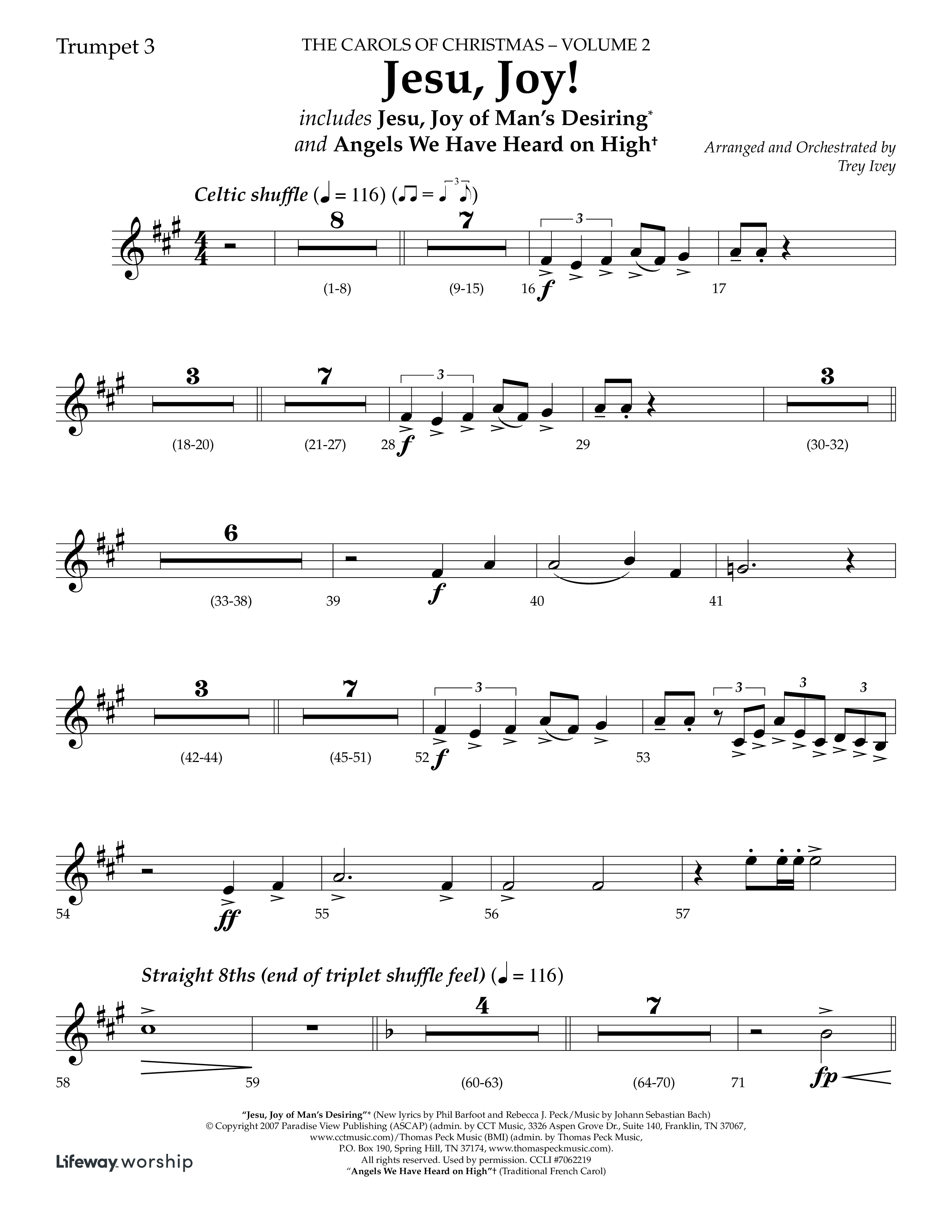 Jesu Joy (with Jesu Joy Of Man's Desiring, Angels We Have Heard On High) (Choral Anthem SATB) Trumpet 3 (Lifeway Choral / Arr. Trey Ivey)