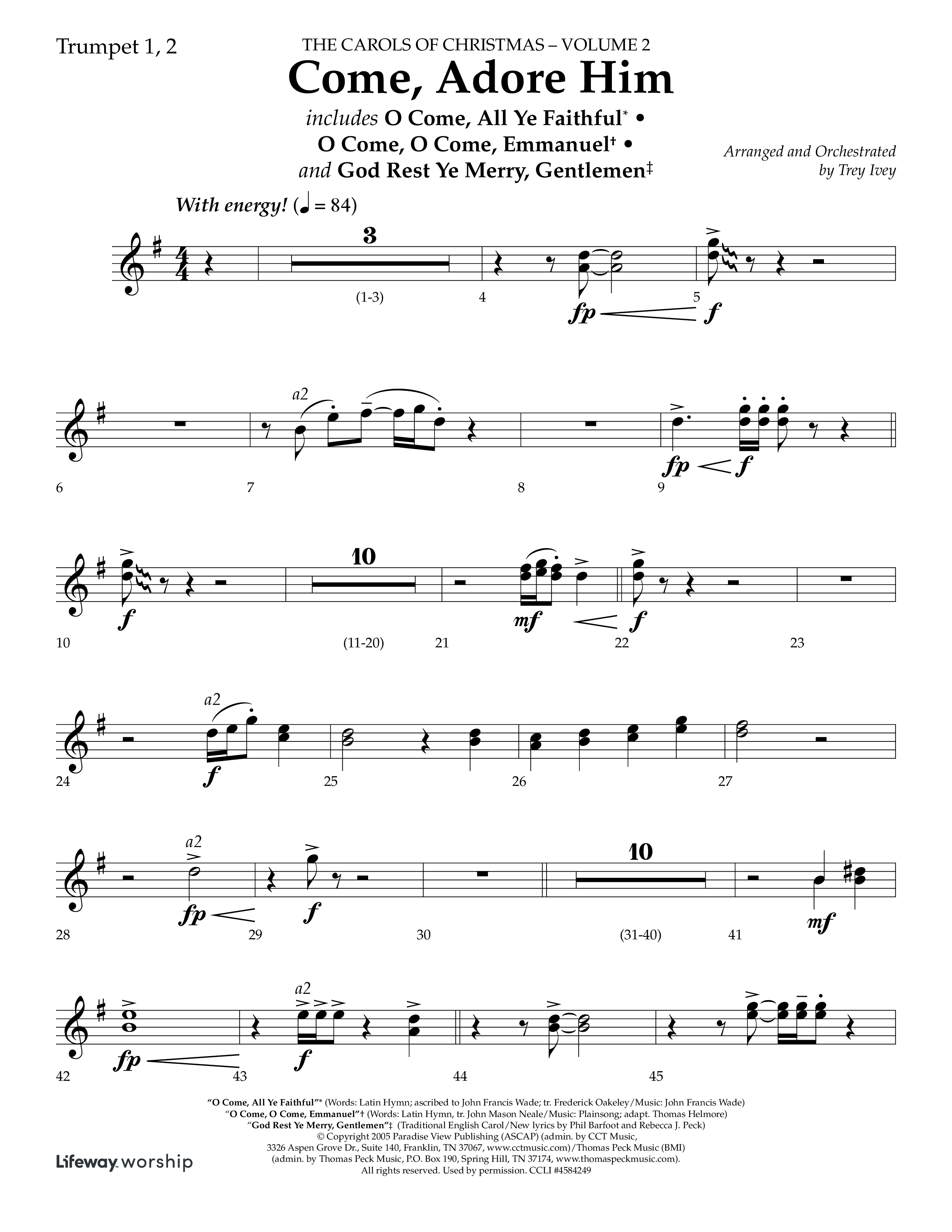 Come Adore Him (with O Come All Ye Faithful, O Come O Come Emmanuel, God Rest Ye Merry Gentlemen) (Choral Anthem SATB) Trumpet 1,2 (Lifeway Choral / Arr. Trey Ivey)