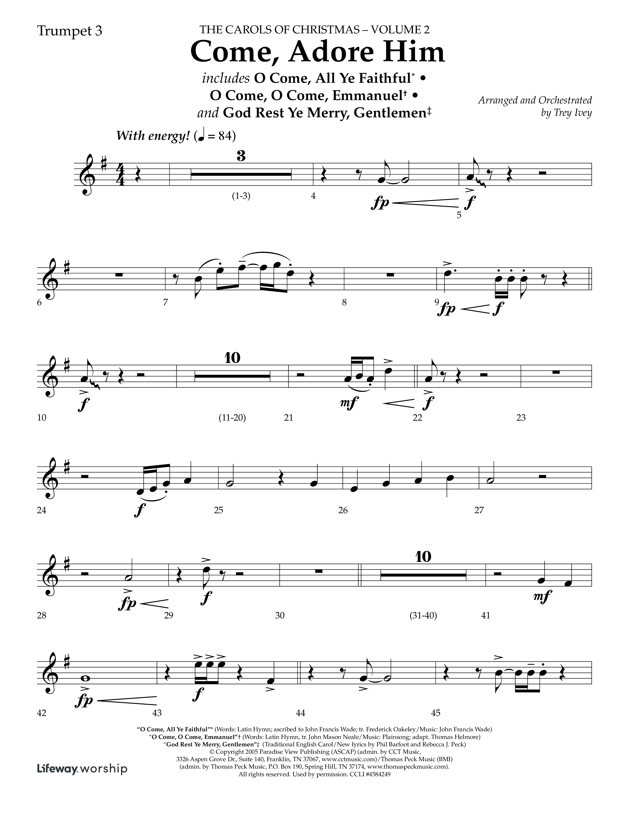 Come Adore Him (with O Come All Ye Faithful, O Come O Come Emmanuel, God Rest Ye Merry Gentlemen) (Choral Anthem SATB) Trumpet 3 (Lifeway Choral / Arr. Trey Ivey)