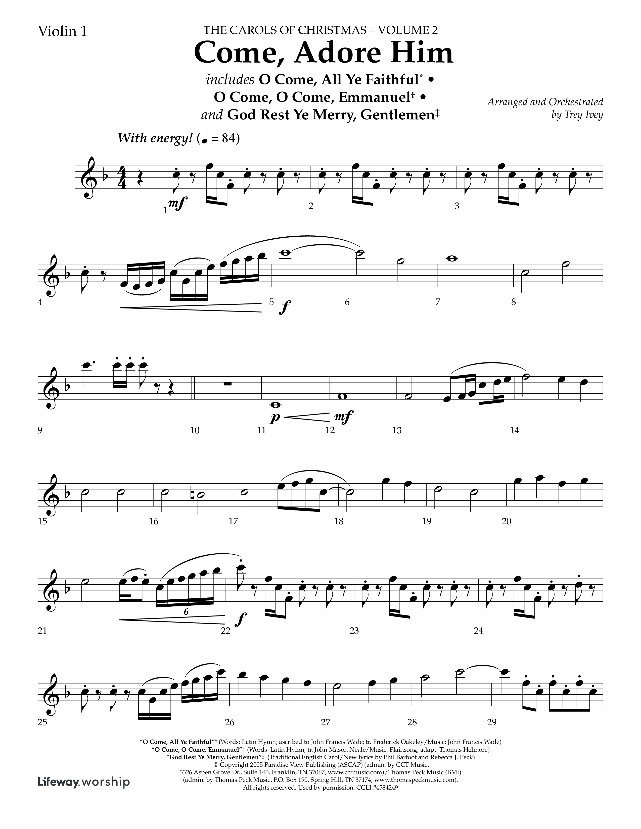 Come Adore Him (with O Come All Ye Faithful, O Come O Come Emmanuel, God Rest Ye Merry Gentlemen) (Choral Anthem SATB) Violin 1 (Lifeway Choral / Arr. Trey Ivey)