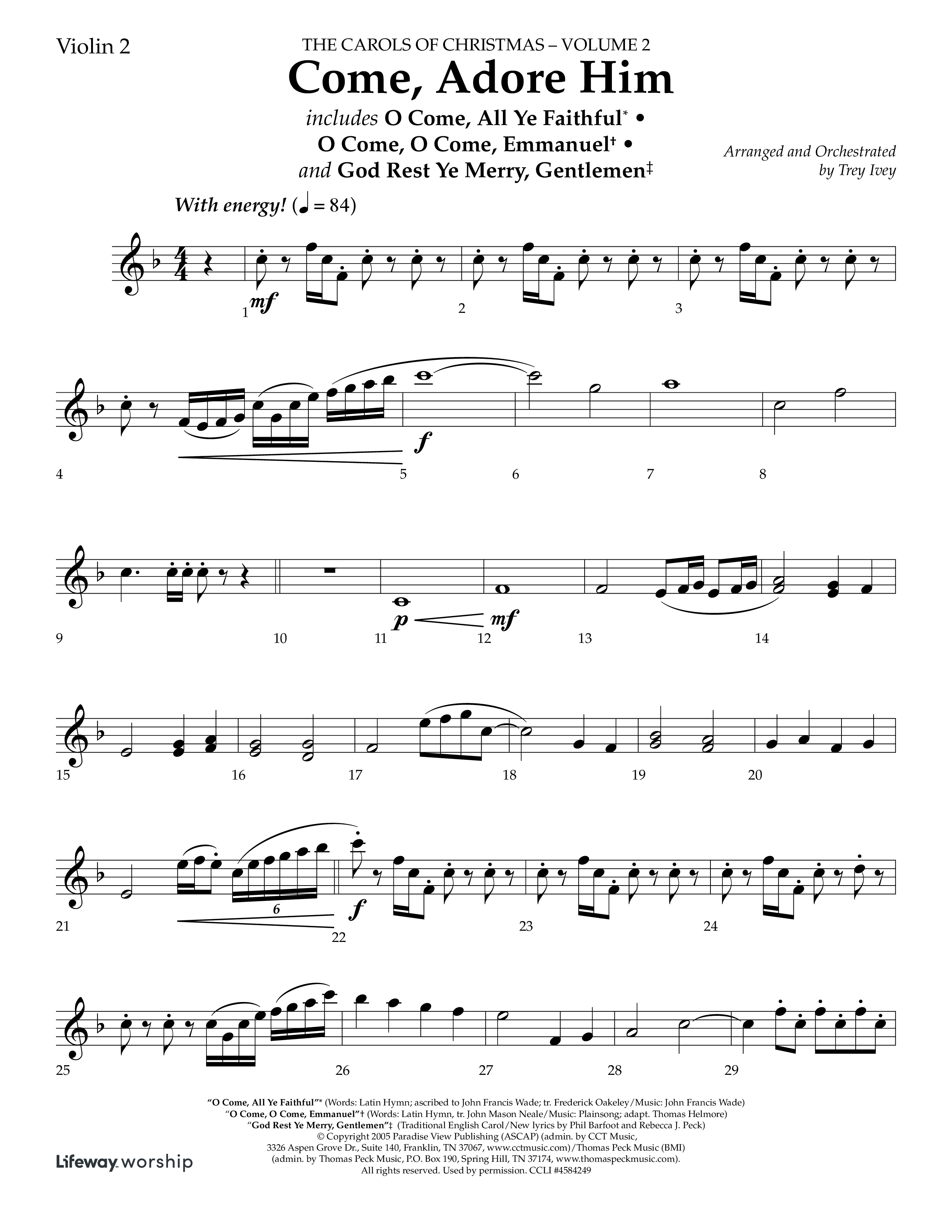 Come Adore Him (with O Come All Ye Faithful, O Come O Come Emmanuel, God Rest Ye Merry Gentlemen) (Choral Anthem SATB) Violin 2 (Lifeway Choral / Arr. Trey Ivey)