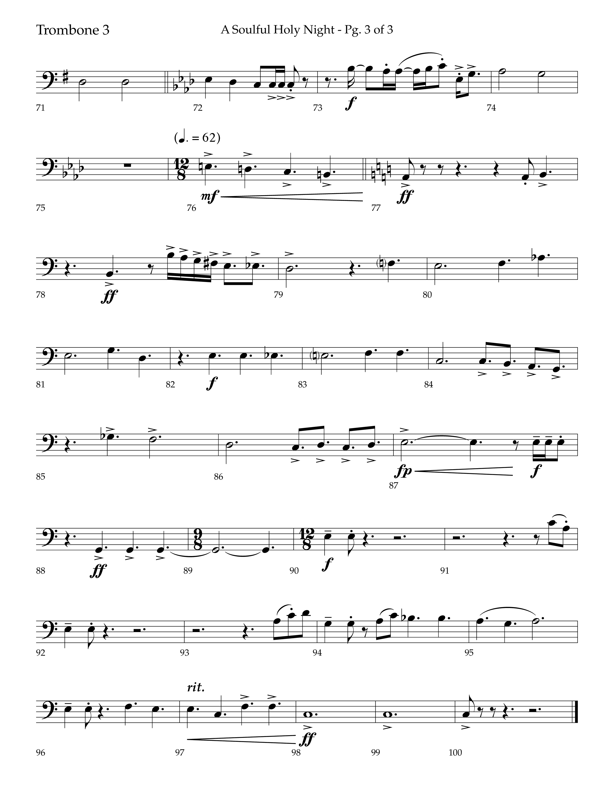A Soulful Holy Night (with O Holy Night, Falling Down On Our Knees) (Choral Anthem SATB) Trombone 3 (Lifeway Choral / Arr. Trey Ivey)