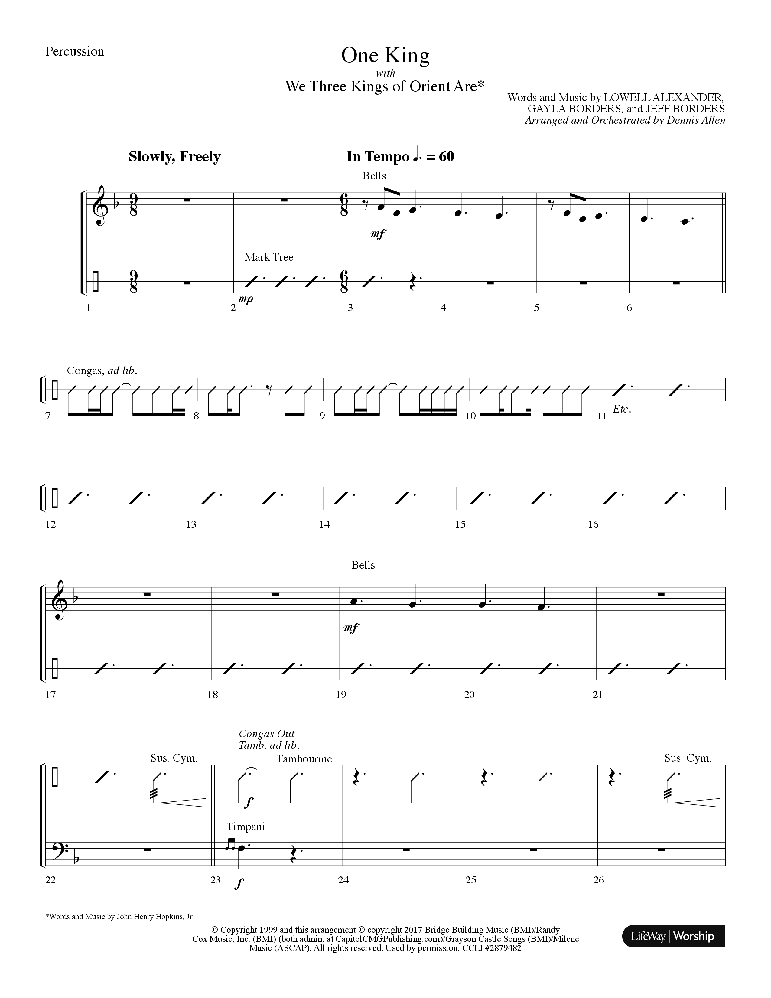 One King (with We Three Kings Of Orient Are) (Choral Anthem SATB) Percussion (Lifeway Choral / Arr. Dennis Allen)