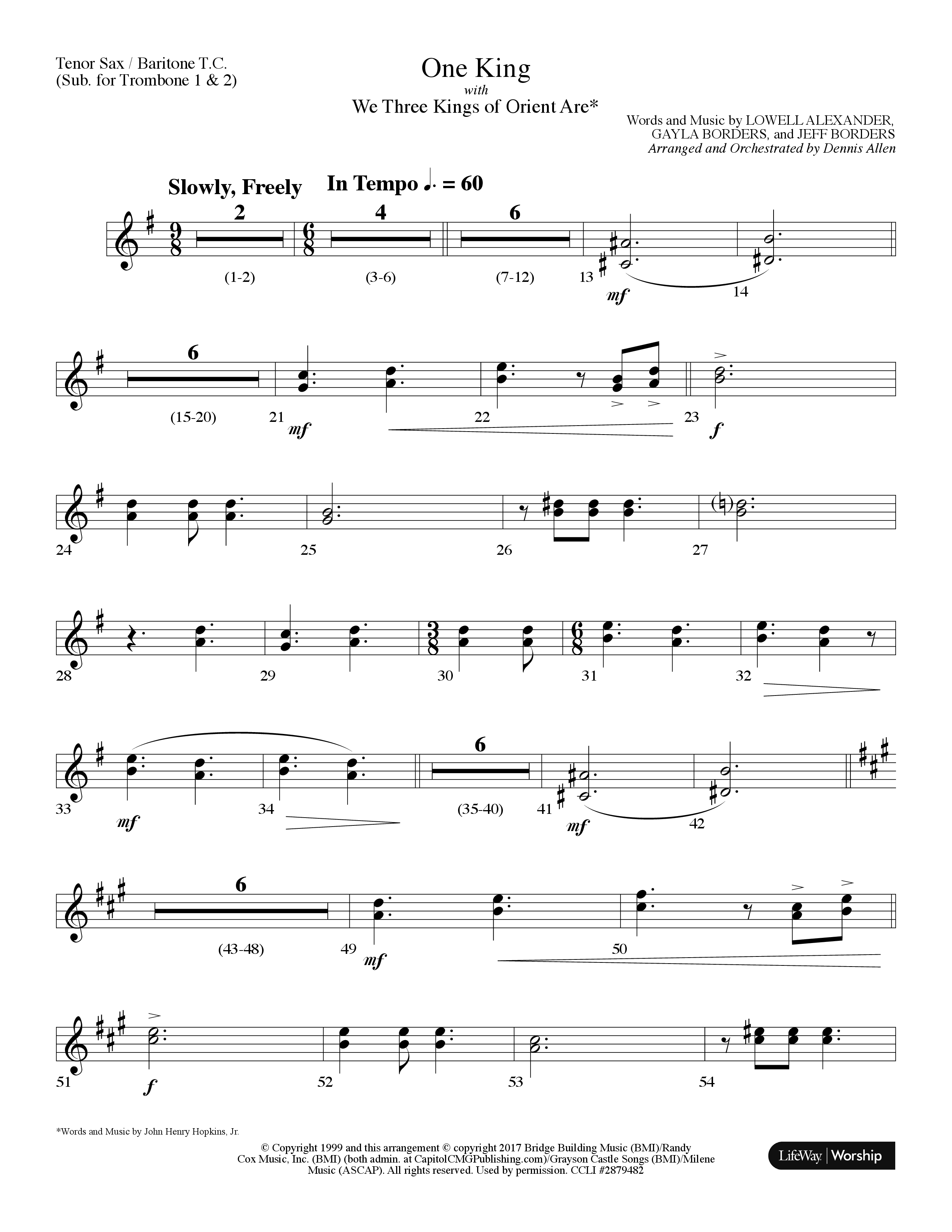 One King (with We Three Kings Of Orient Are) (Choral Anthem SATB) Tenor Sax/Baritone T.C. (Lifeway Choral / Arr. Dennis Allen)