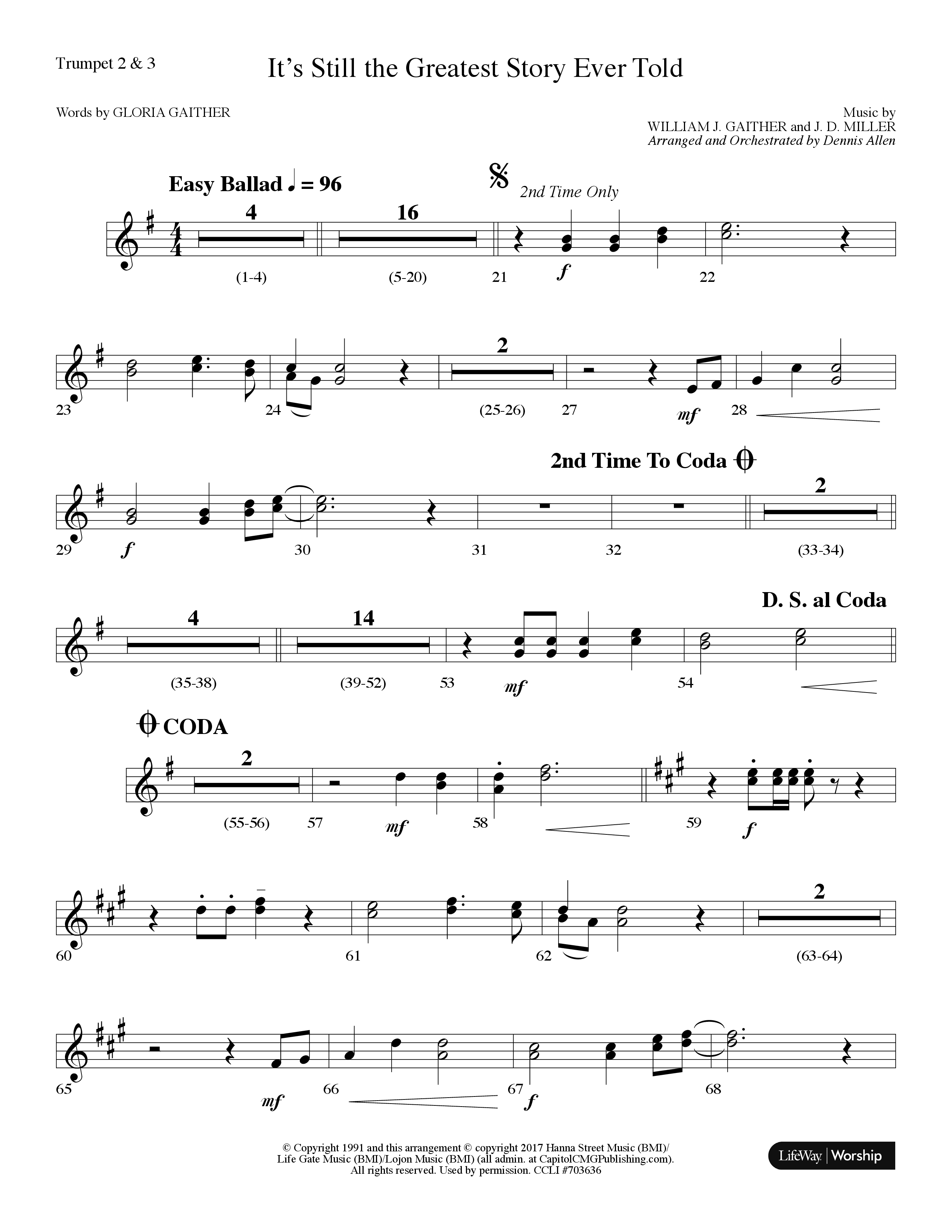 It's Still The Greatest Story Ever Told (Choral Anthem SATB) Trumpet 2/3 (Lifeway Choral / Arr. Dennis Allen)