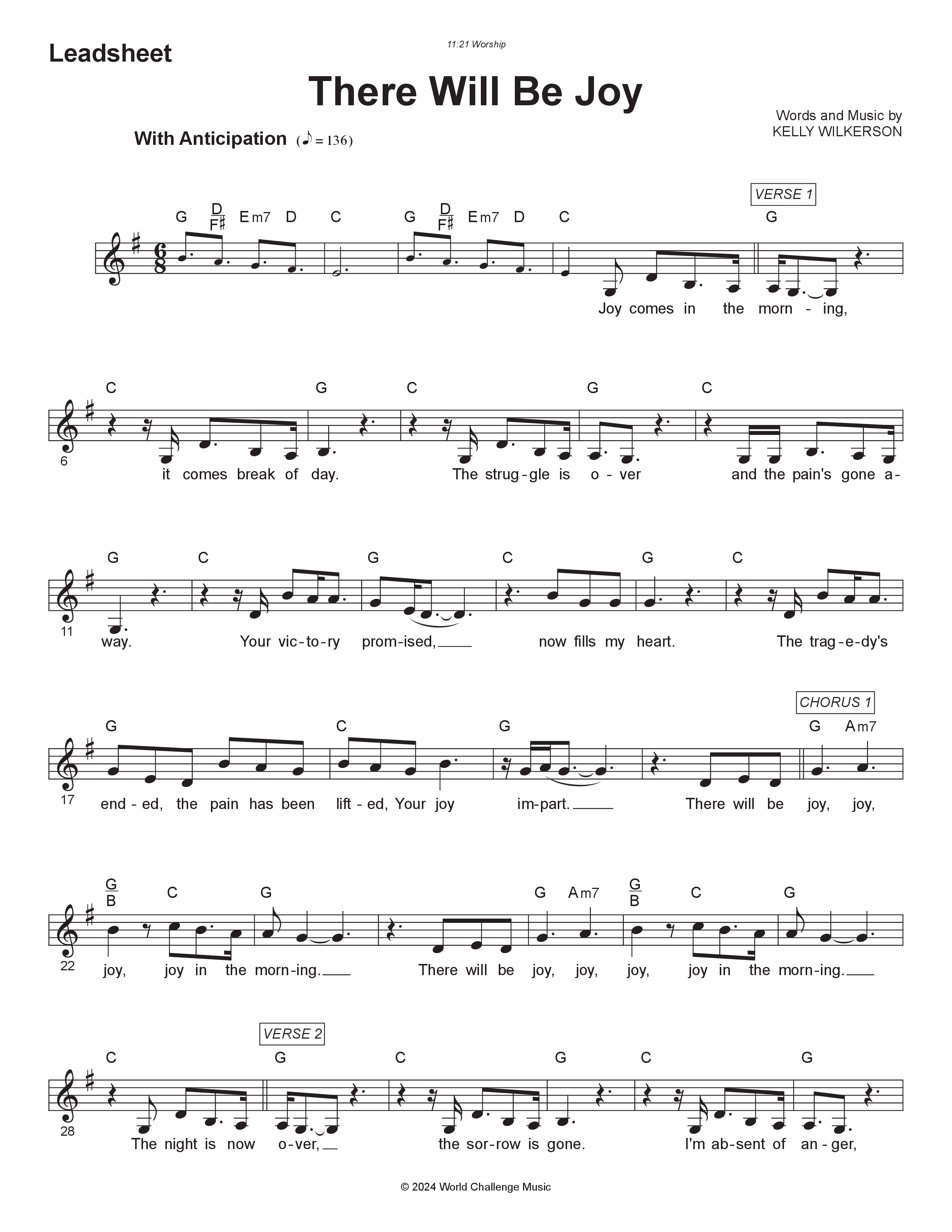 There Will Be Joy Lead Sheet Melody (11:21 Worship)