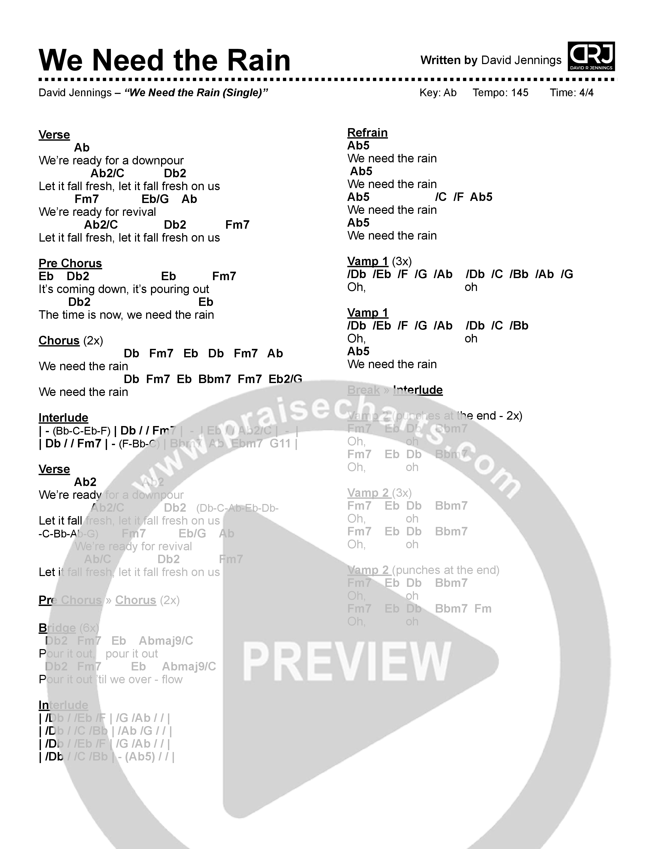 We Need The Rain Chord Chart (David Jennings)