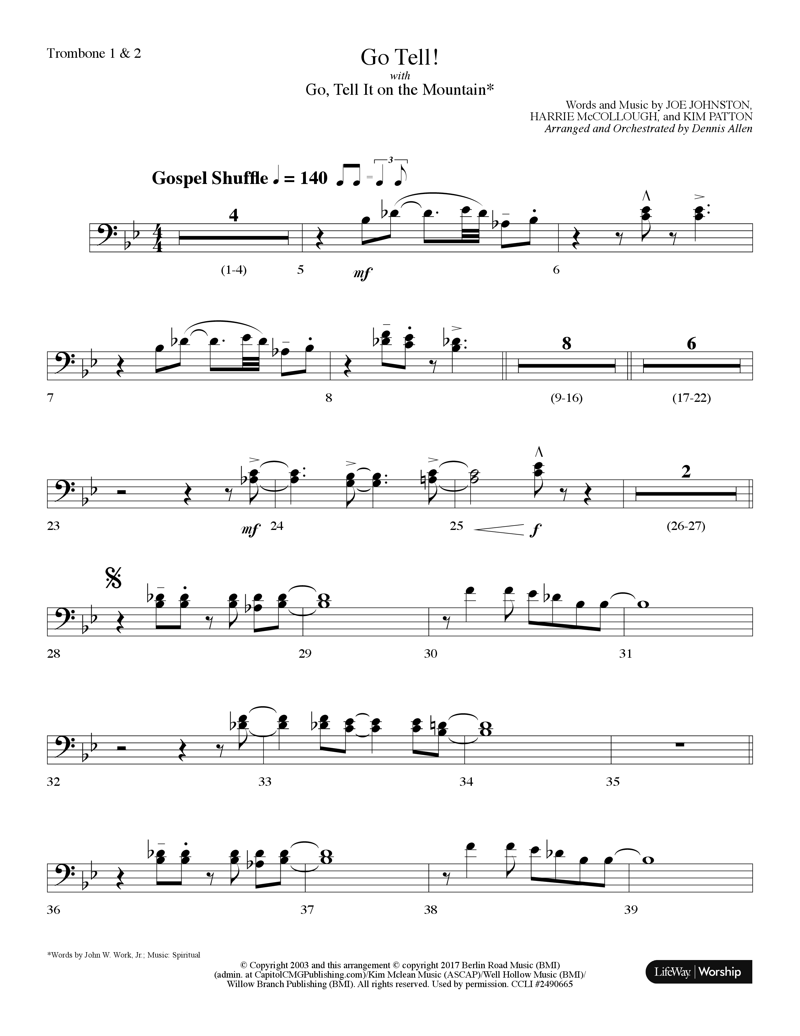 Go Tell (with Go Tell It On The Mountain) (Choral Anthem SATB) Trombone 1/2 (Lifeway Choral / Arr. Dennis Allen)
