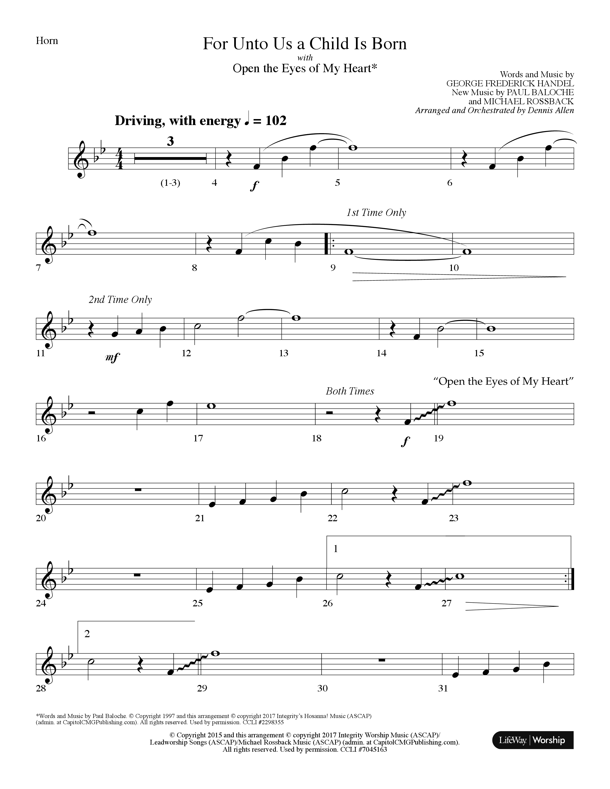 For Unto Us A Child Is Born (with Open The Eyes Of My Heart Lord) (Choral Anthem SATB) French Horn (Lifeway Choral / Arr. Dennis Allen)