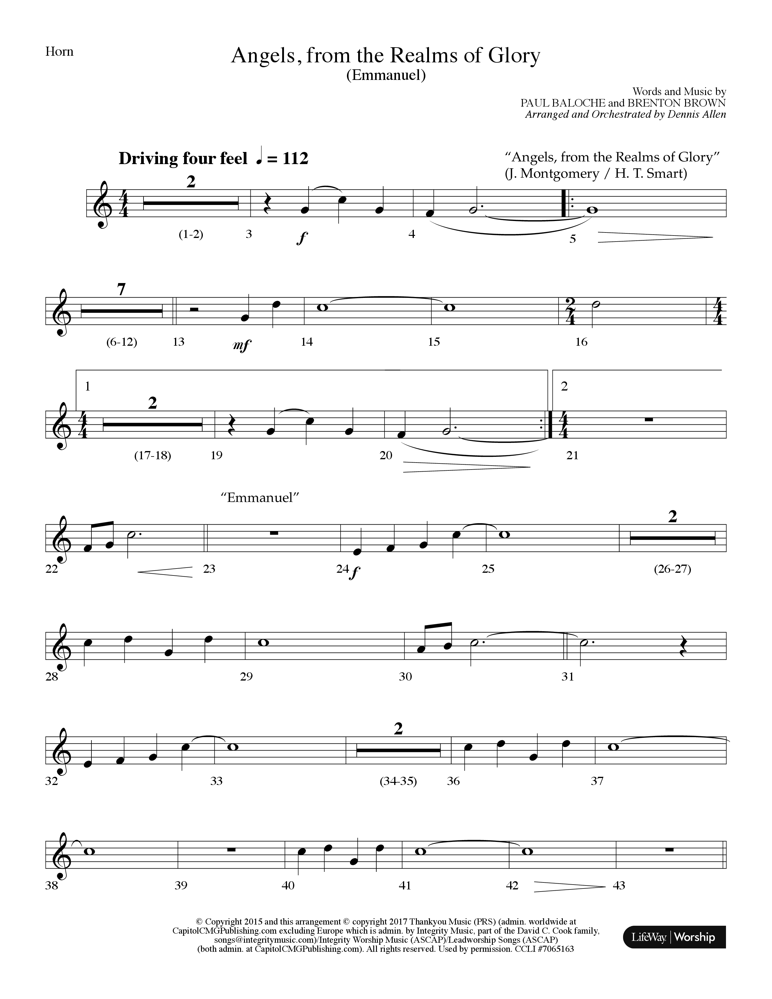 Angels From The Realms Of Glory (Emmanuel) (Choral Anthem SATB) French Horn (Lifeway Choral / Arr. Dennis Allen)