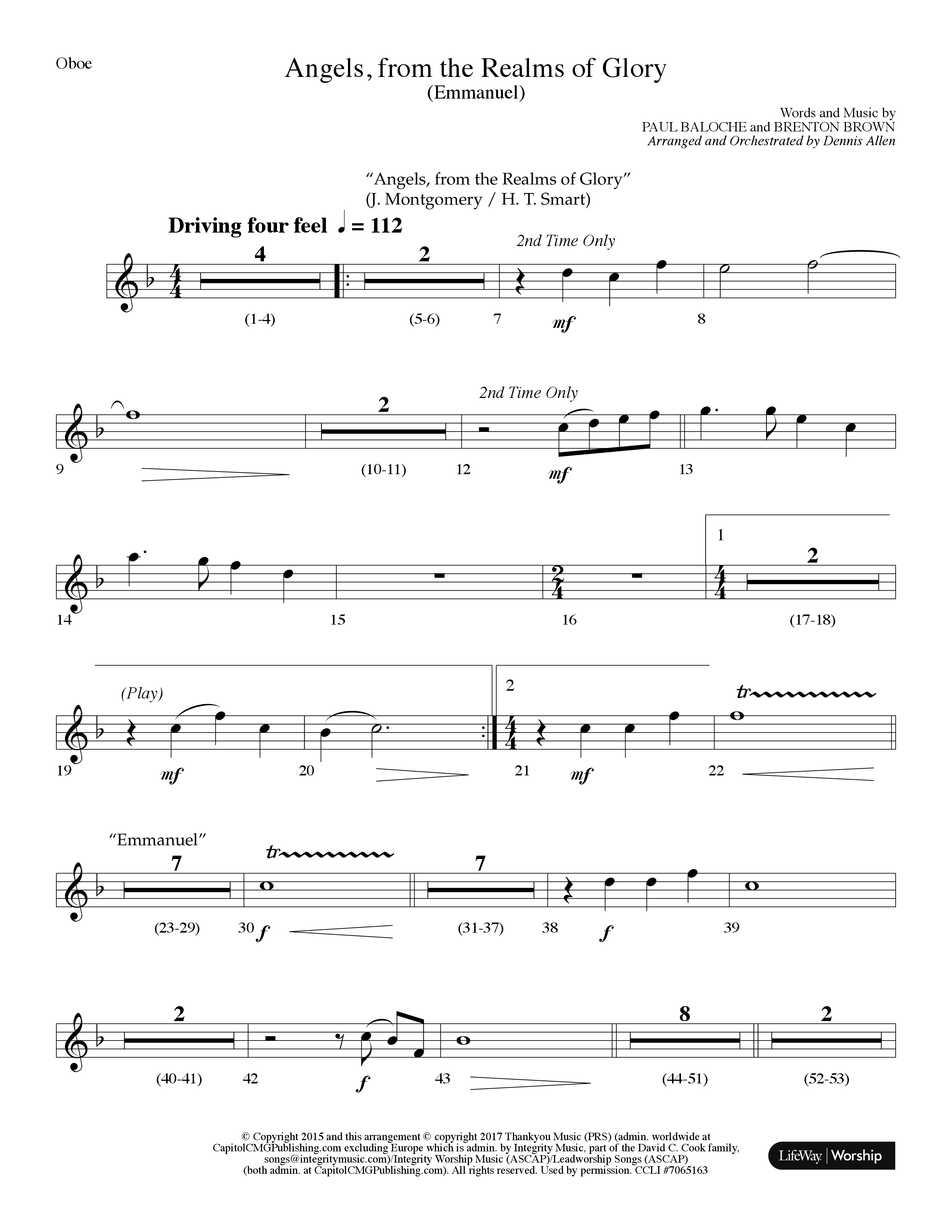 Angels From The Realms Of Glory (Emmanuel) (Choral Anthem SATB) Oboe (Lifeway Choral / Arr. Dennis Allen)