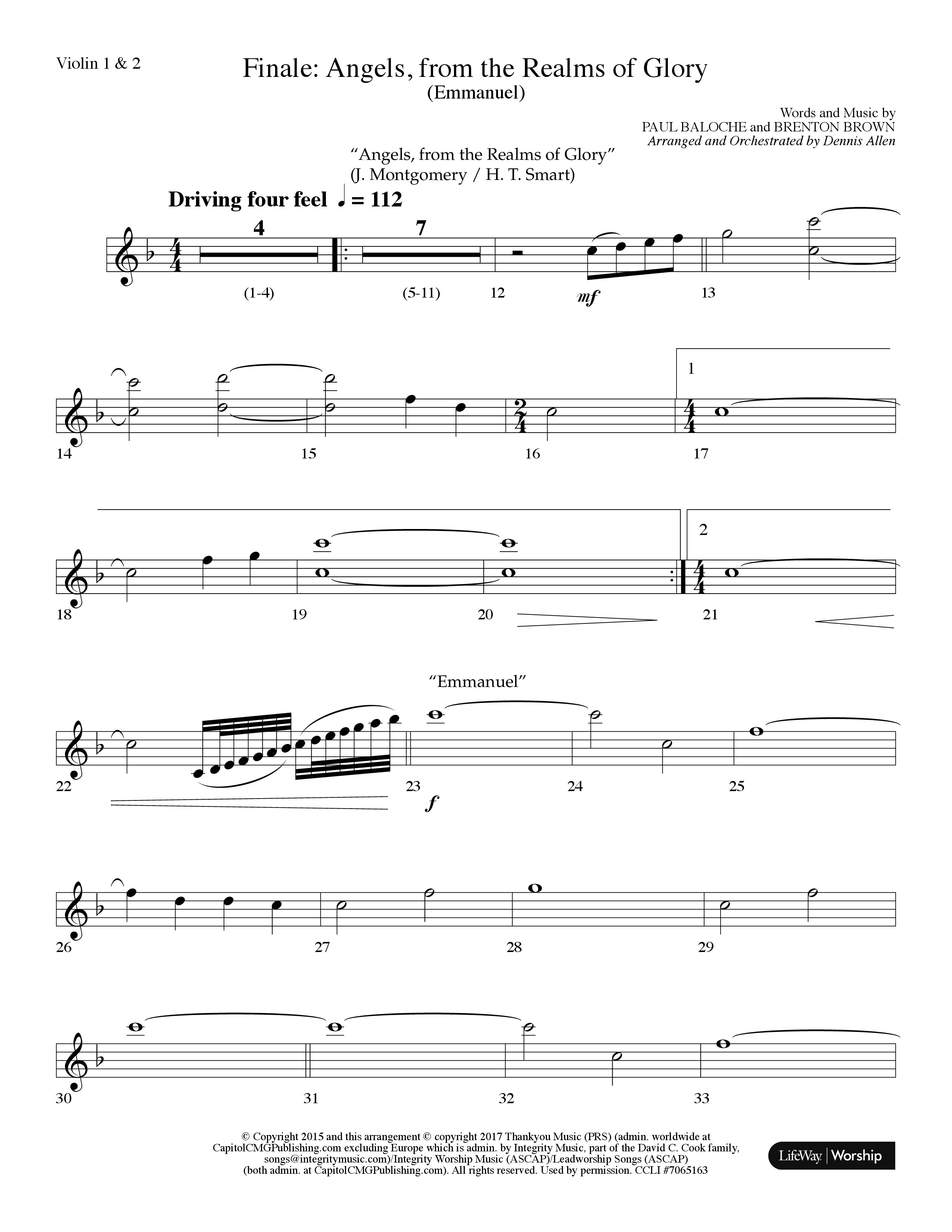 Finale: Angels From The Realms Of Glory (Emmanuel) (Choral Anthem SATB) Violin 1/2 (Lifeway Choral / Arr. Dennis Allen)